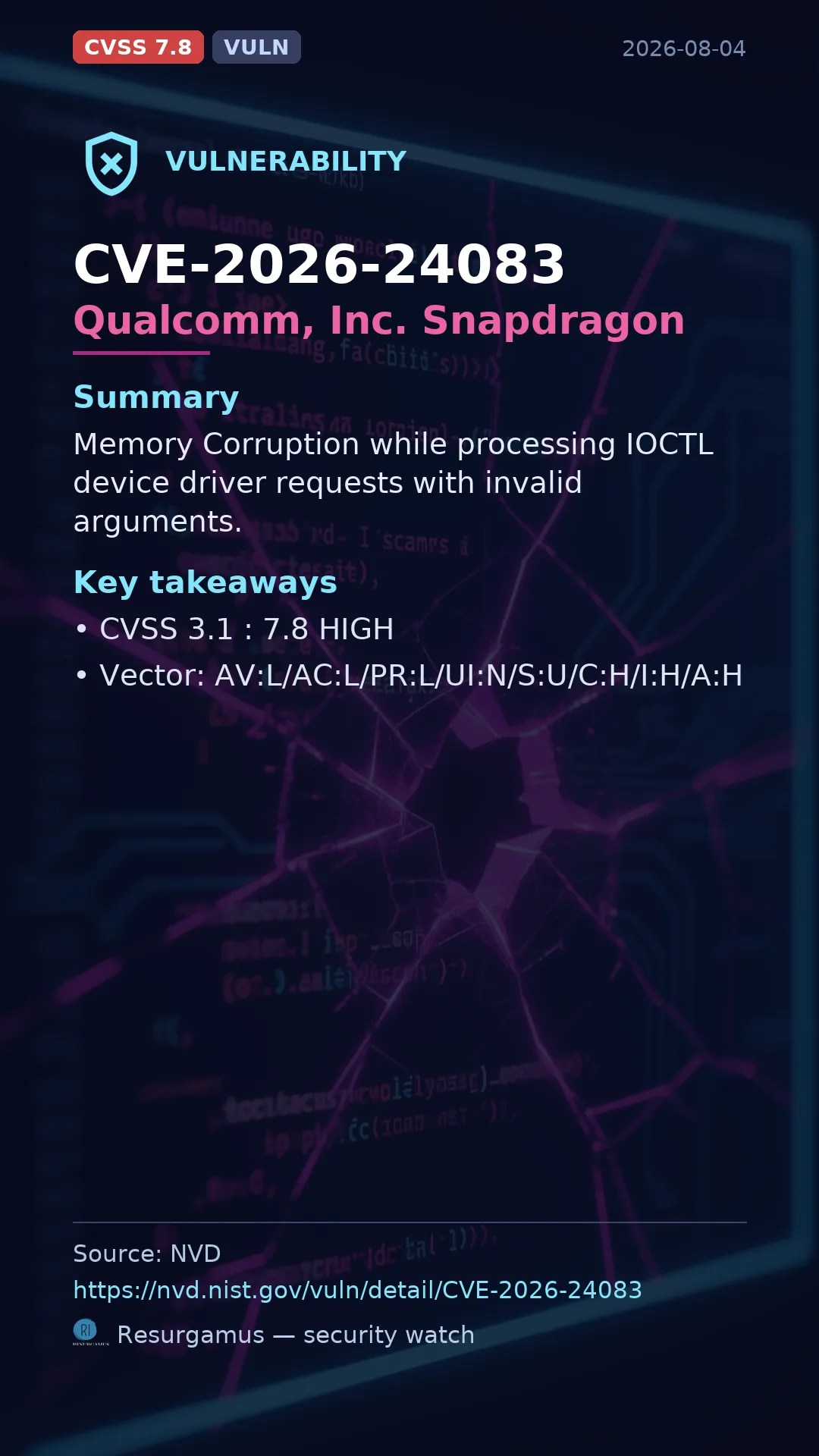 CVE-2026-24083 Qualcomm, Inc. Snapdragon Vulnerability
