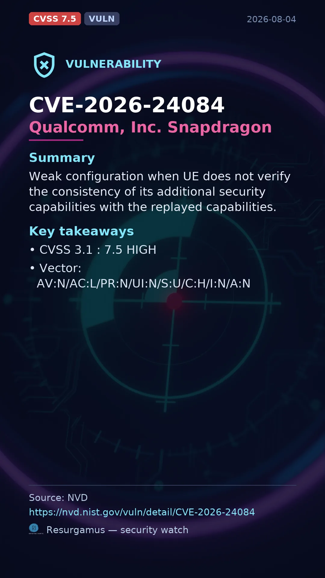 CVE-2026-24084 Qualcomm, Inc. Snapdragon Vulnerability