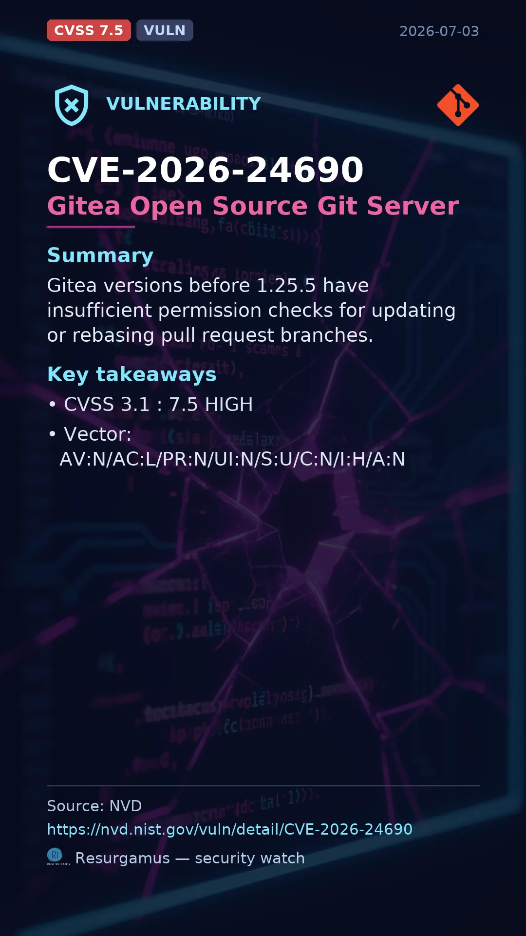 CVE-2026-24690 Gitea Open Source Git Server Vulnerability