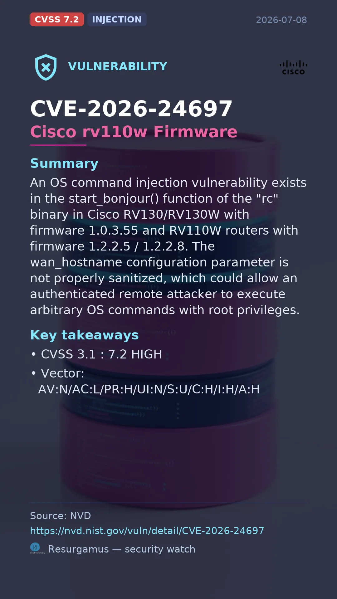 CVE-2026-24697 Cisco rv110w Firmware Vulnerability