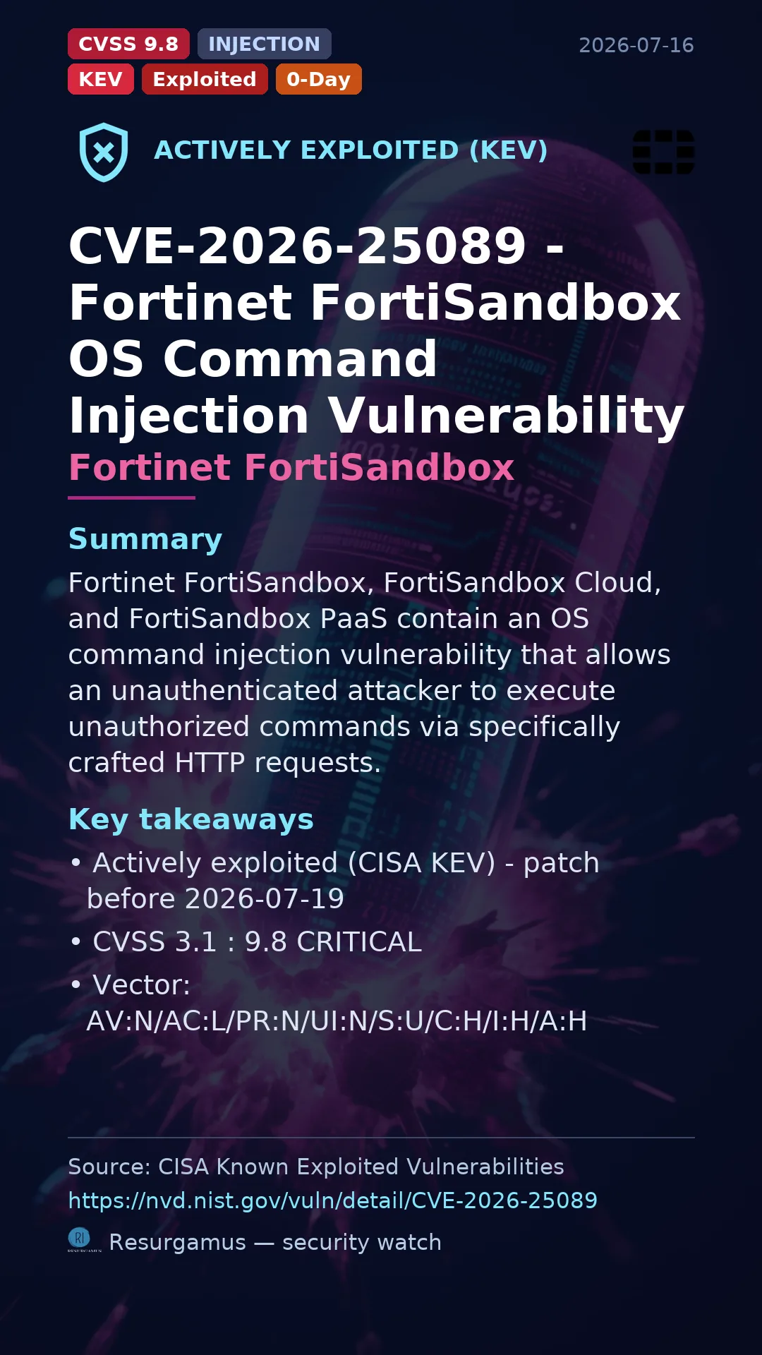 CVE-2026-25089 - Fortinet FortiSandbox - actively exploited (KEV) vulnerability