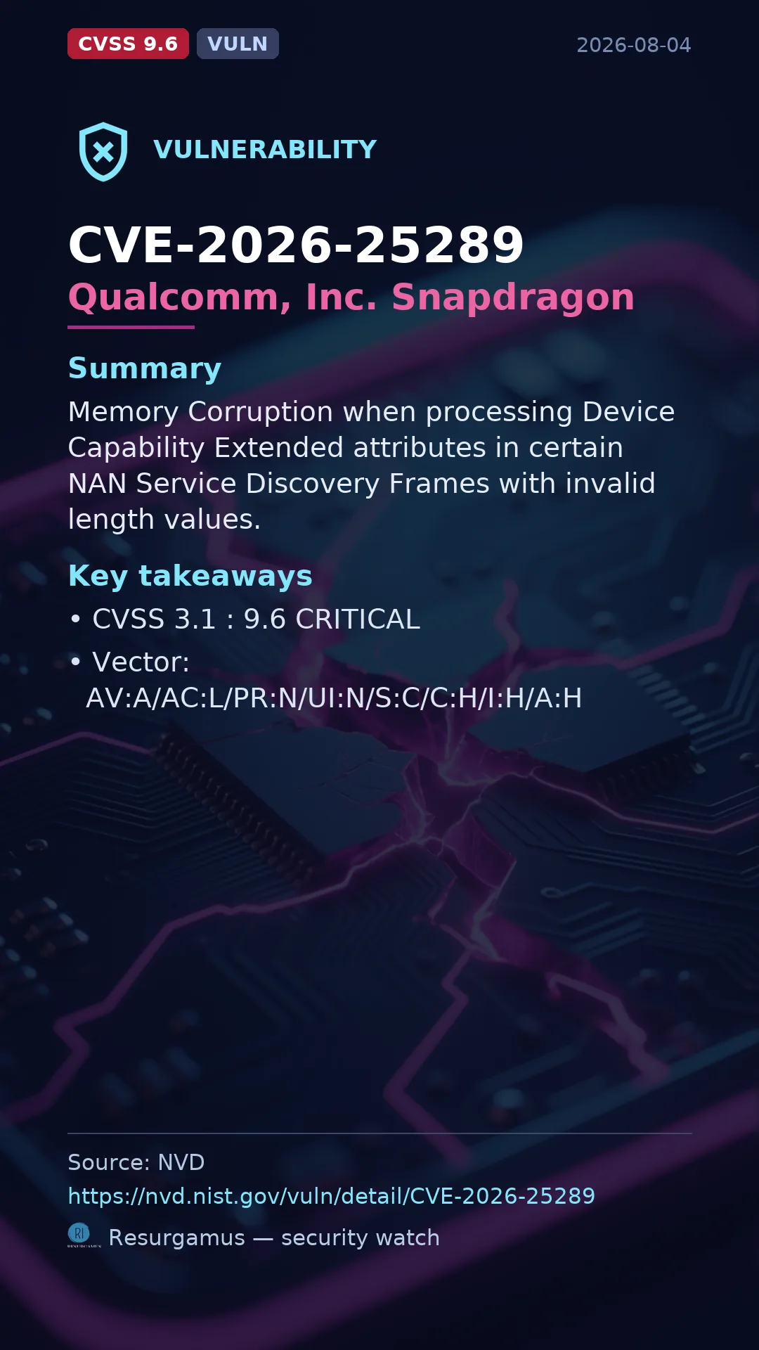 CVE-2026-25289 Qualcomm, Inc. Snapdragon Vulnerability