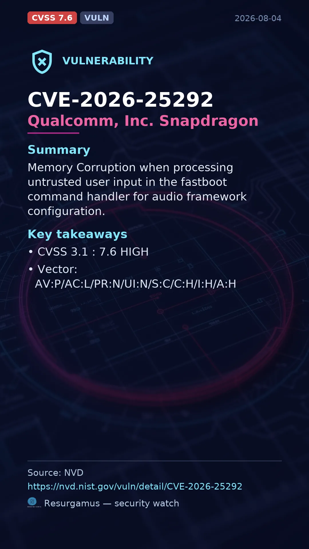 CVE-2026-25292 Qualcomm, Inc. Snapdragon Vulnerability