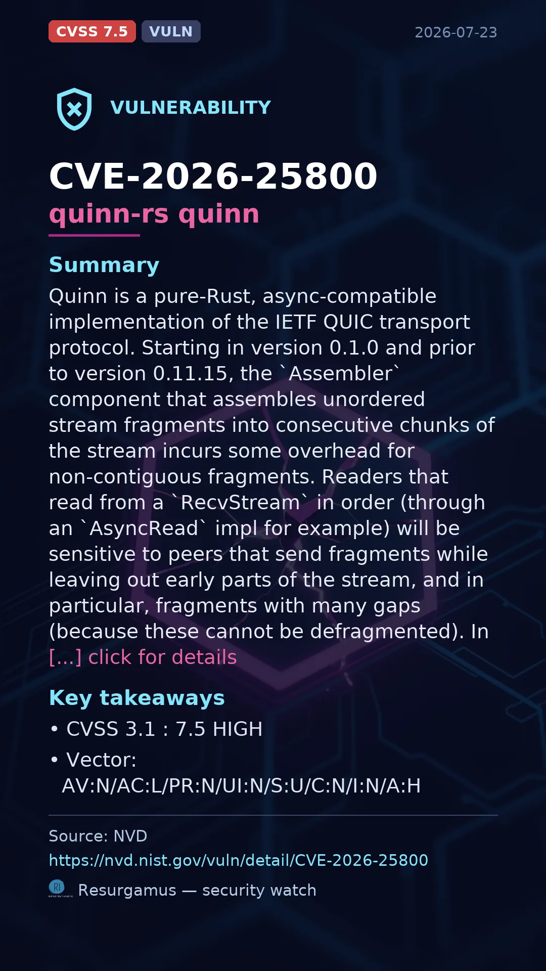 CVE-2026-25800 quinn-rs quinn Vulnerability