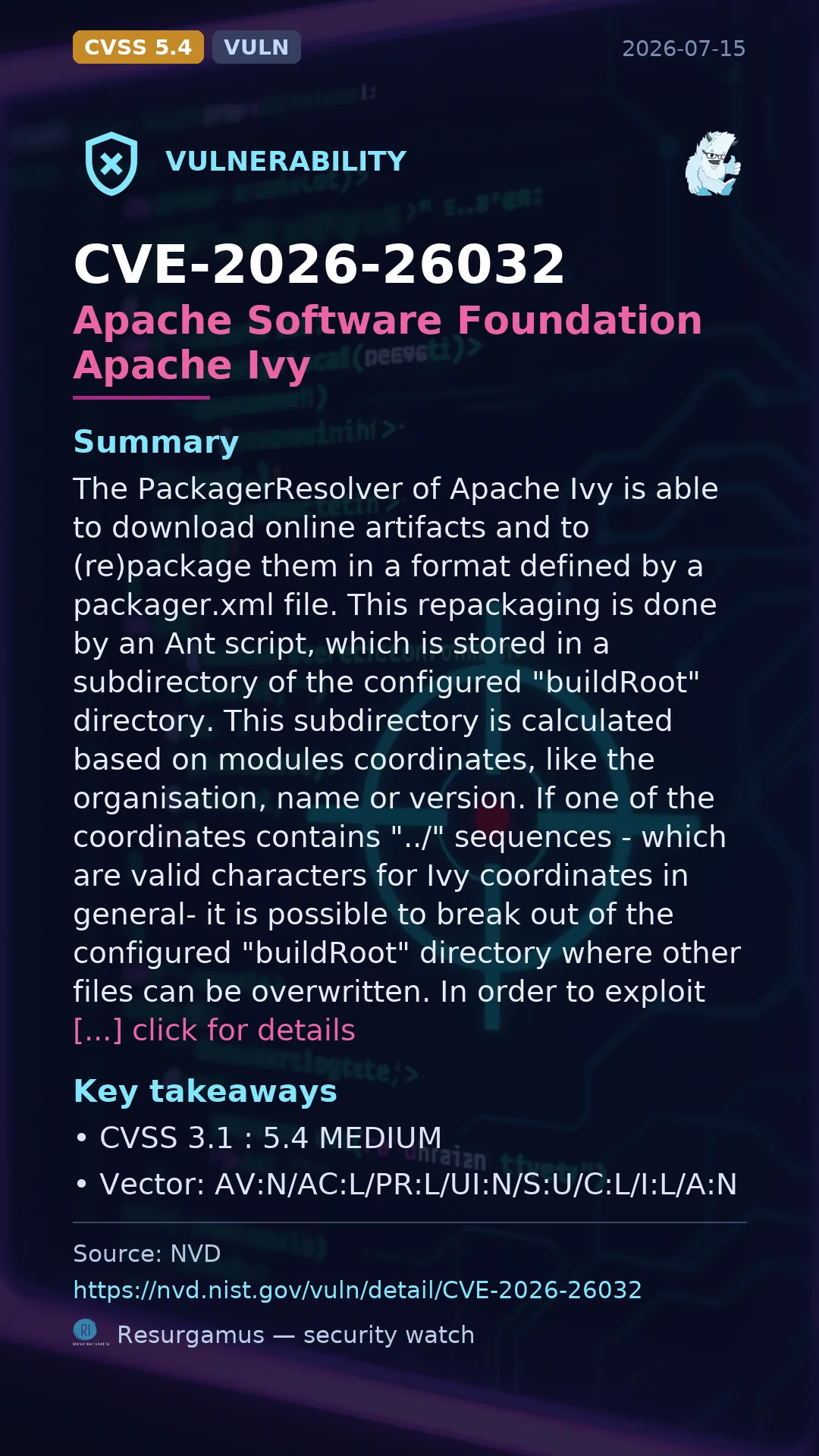 CVE-2026-26032 Apache Software Foundation Apache Ivy Vulnerability