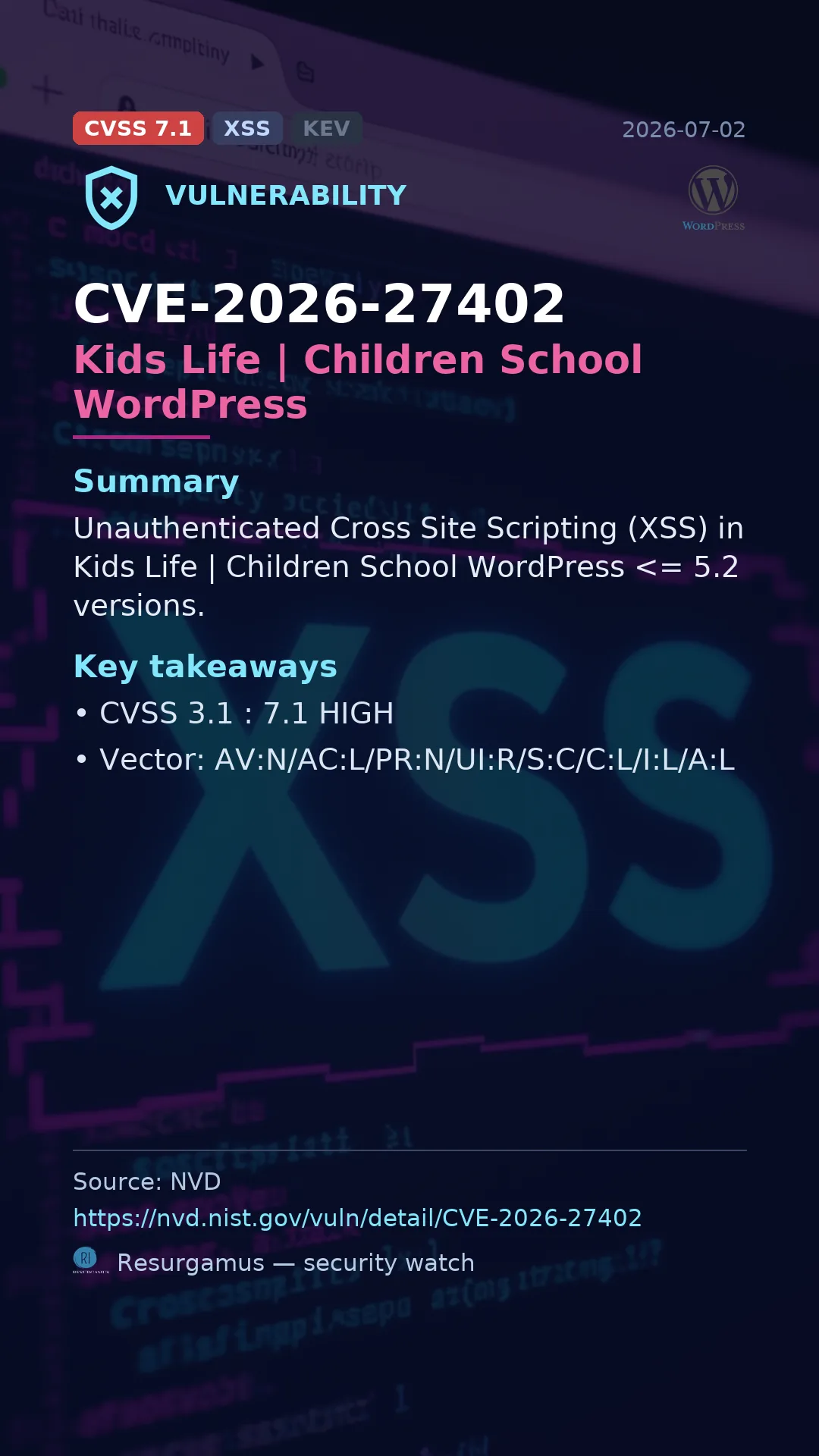 CVE-2026-27402 Kids Life | Children School WordPress Vulnerability