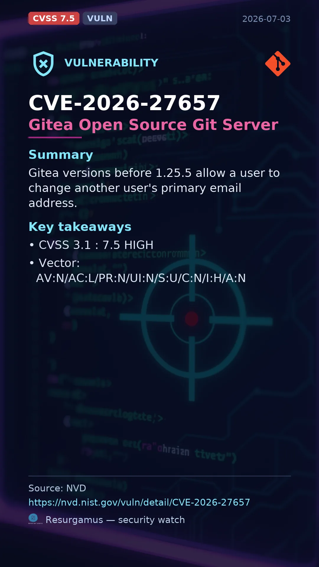 CVE-2026-27657 Gitea Open Source Git Server Vulnerability