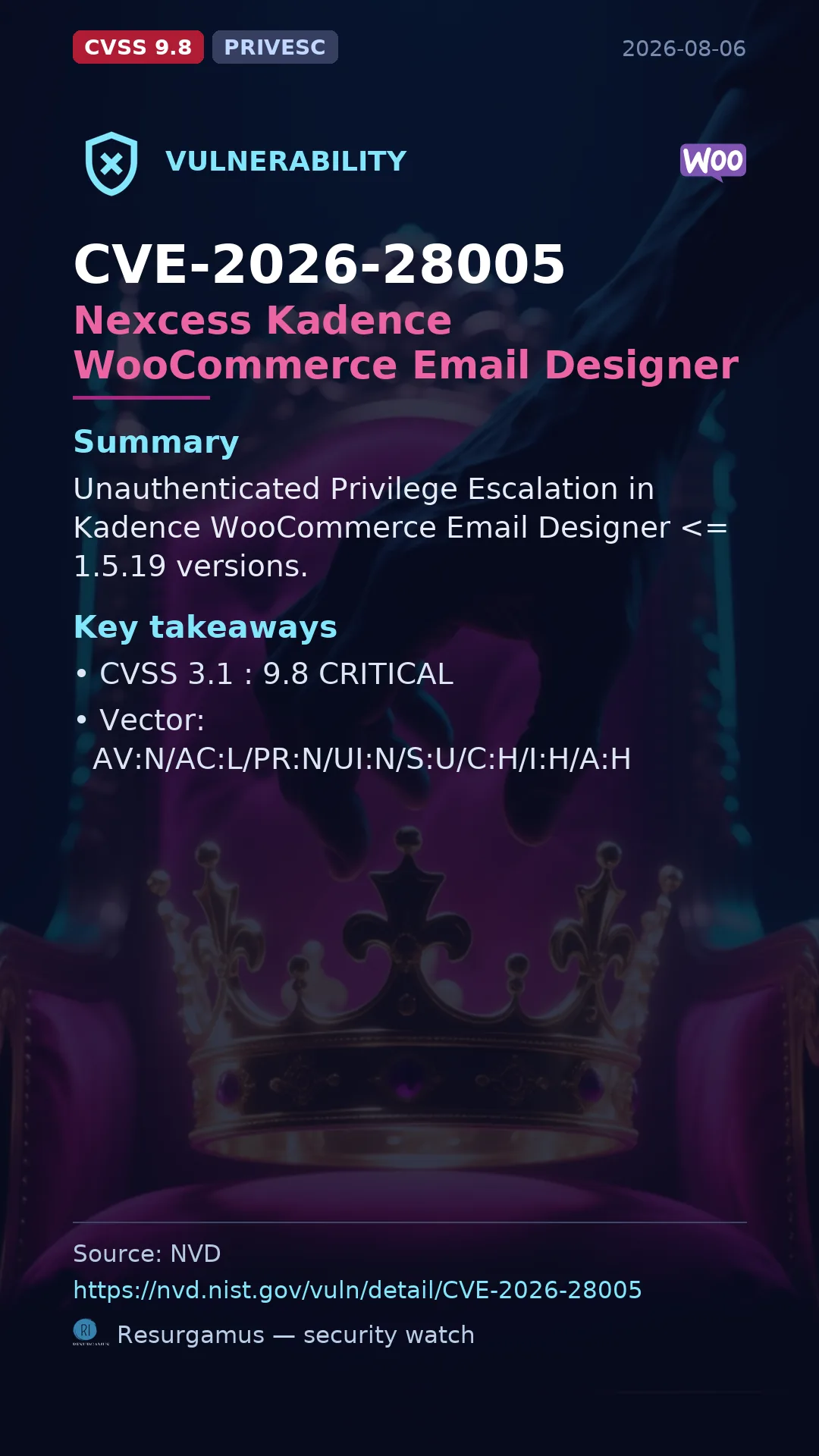 CVE-2026-28005 Nexcess Kadence WooCommerce Email Designer Vulnerability