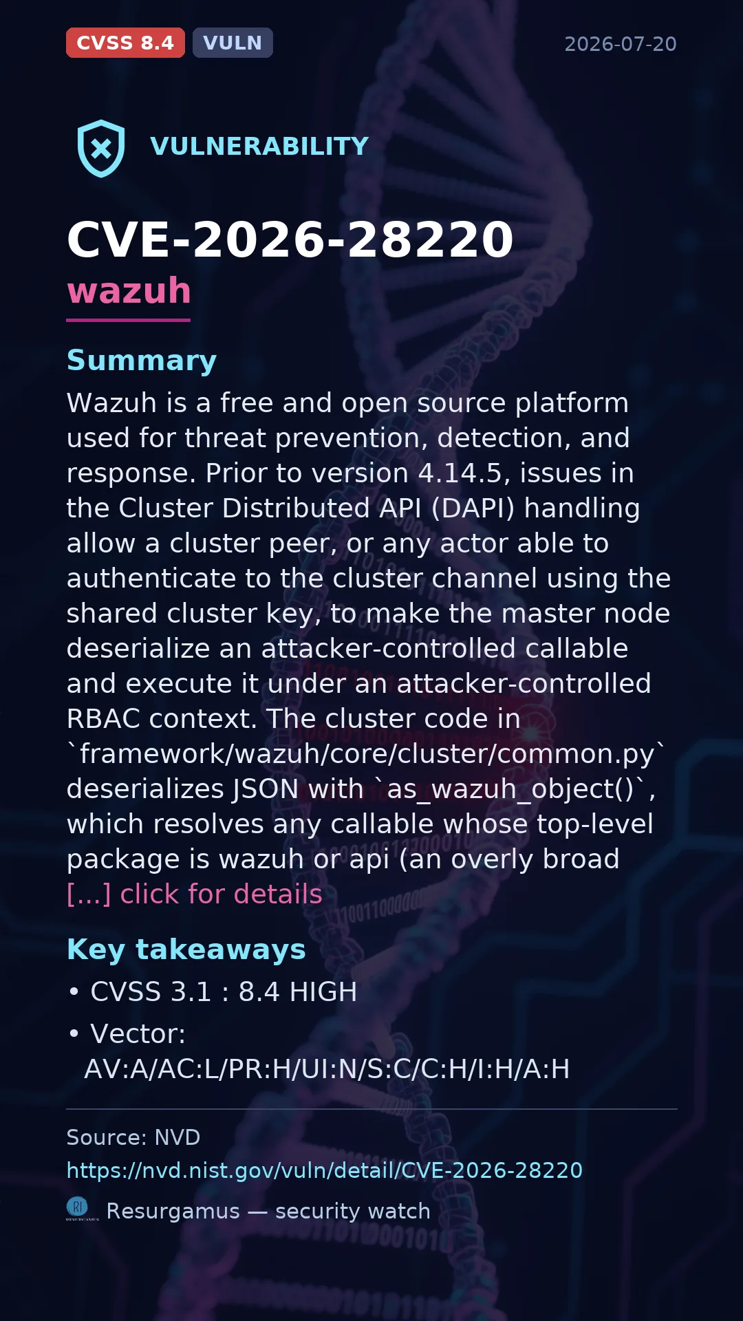 CVE-2026-28220 wazuh Vulnerability