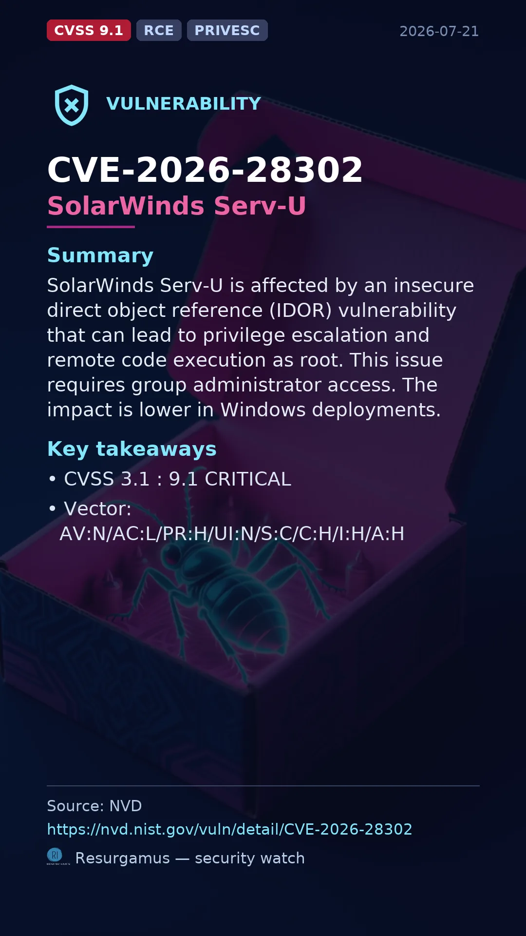 CVE-2026-28302 SolarWinds Serv-U Vulnerability