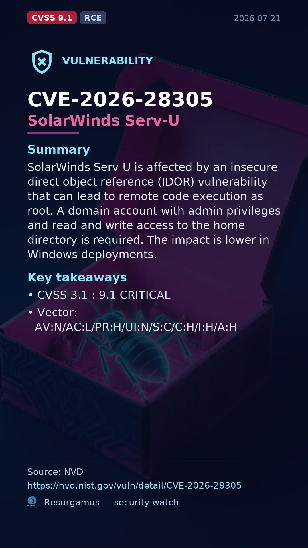CVE-2026-28305 SolarWinds Serv-U Vulnerability