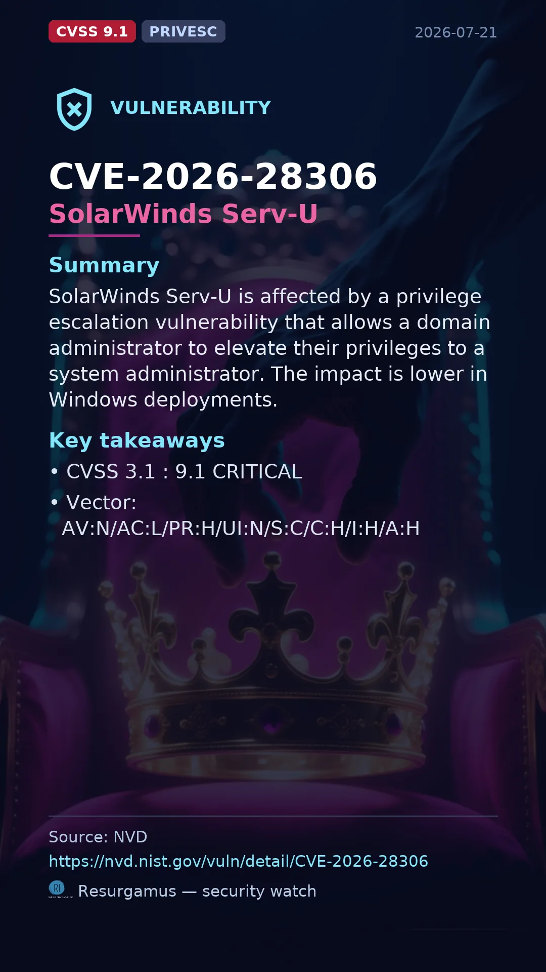 CVE-2026-28306 SolarWinds Serv-U Vulnerability