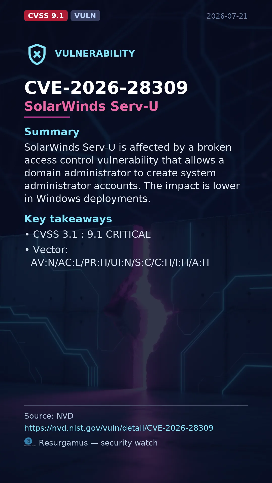 CVE-2026-28309 SolarWinds Serv-U Vulnerability