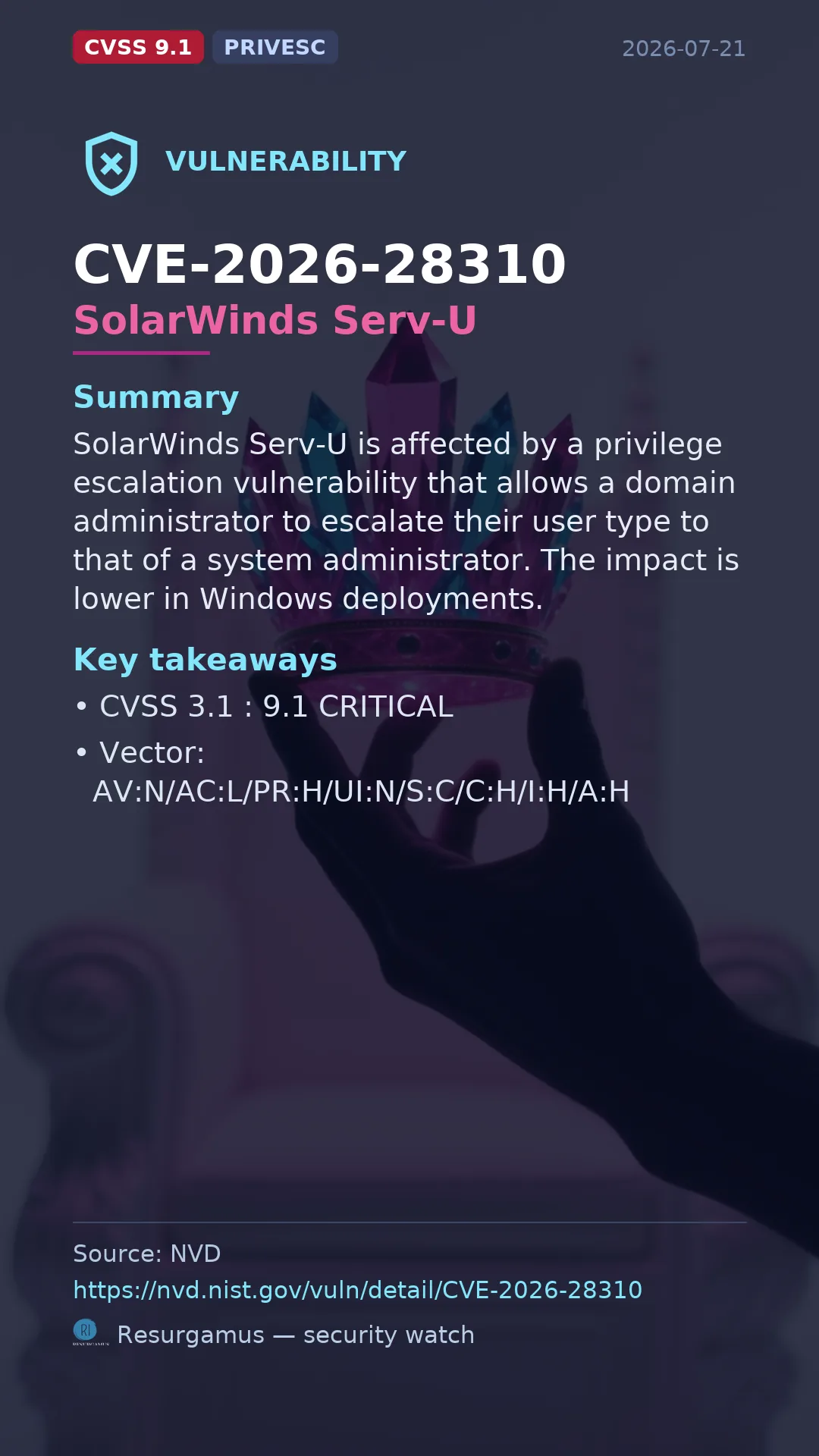 CVE-2026-28310 SolarWinds Serv-U Vulnerability