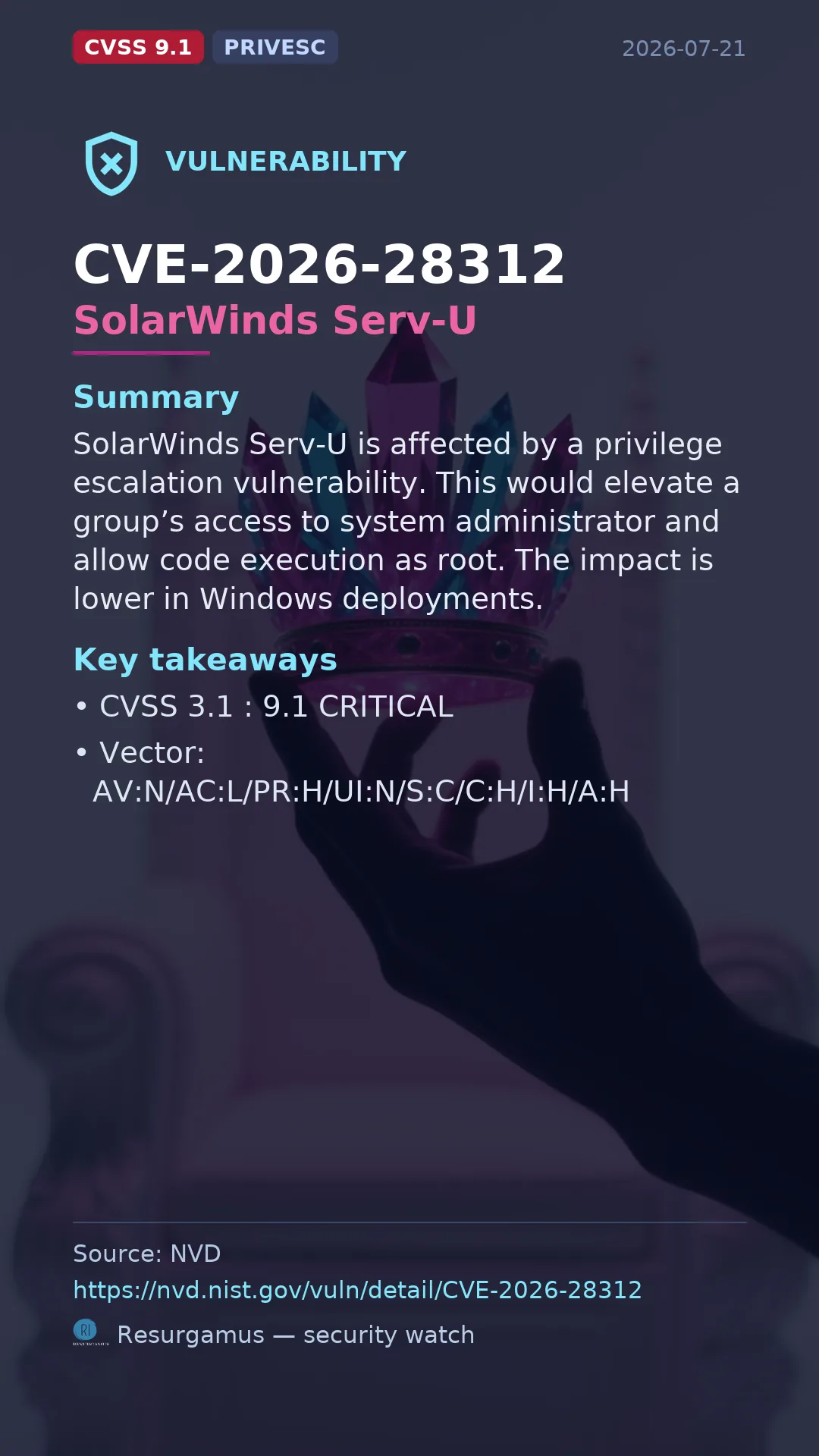 CVE-2026-28312 SolarWinds Serv-U Vulnerability