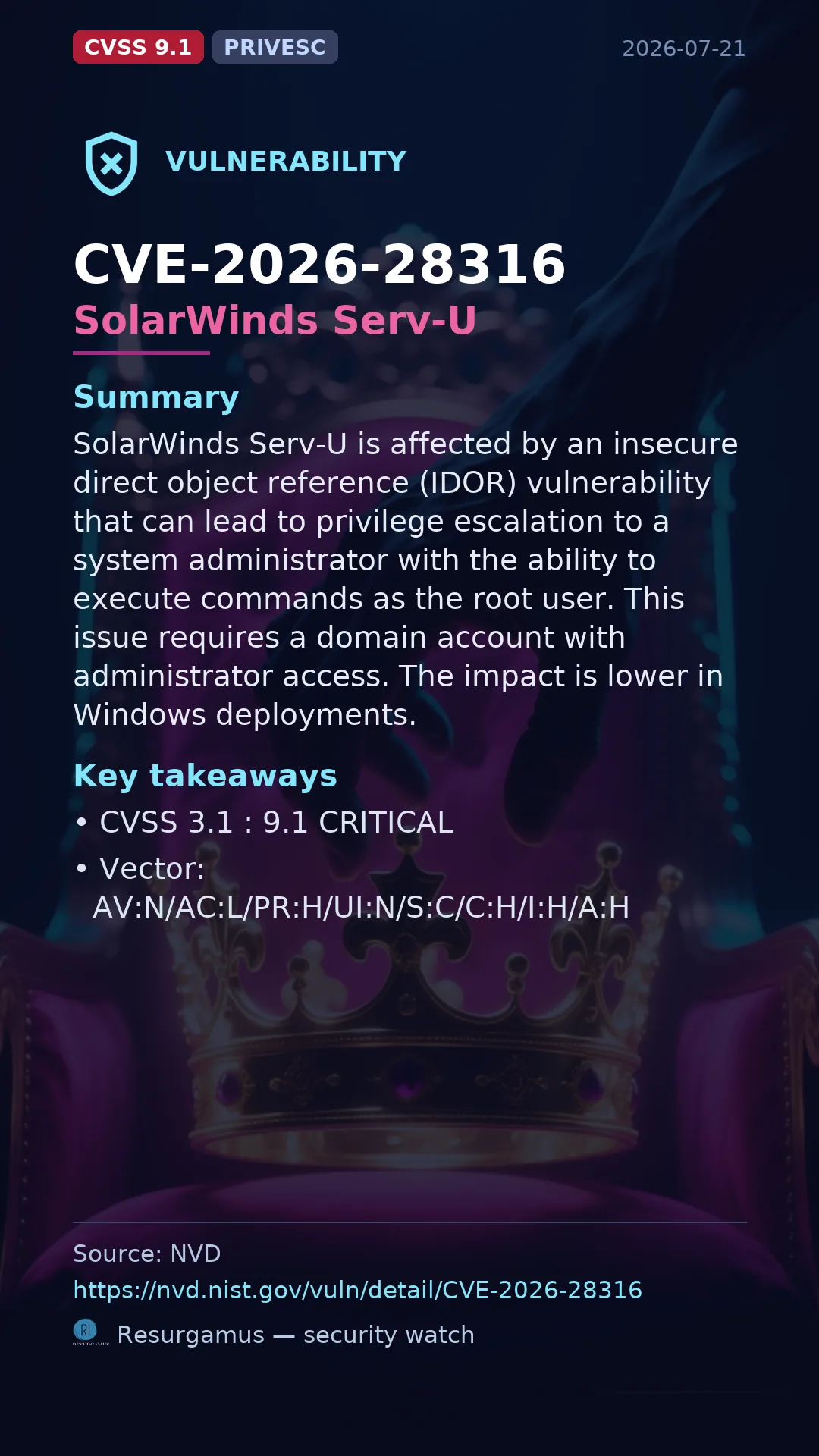 CVE-2026-28316 SolarWinds Serv-U Vulnerability