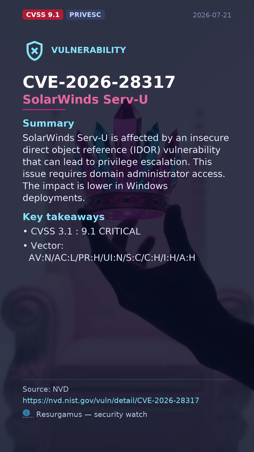 CVE-2026-28317 SolarWinds Serv-U Vulnerability