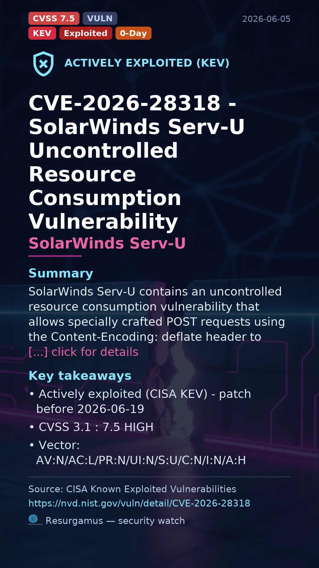 CVE-2026-28318 - SolarWinds Serv-U - actively exploited (KEV) vulnerability