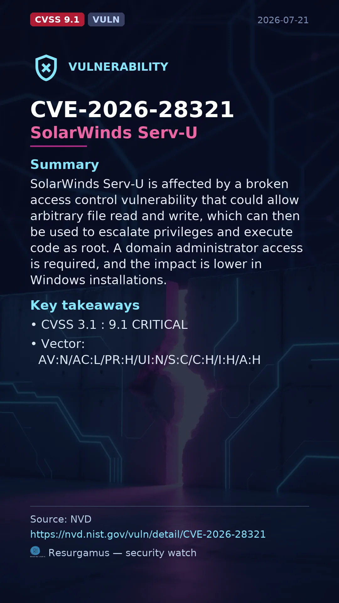 CVE-2026-28321 SolarWinds Serv-U Vulnerability
