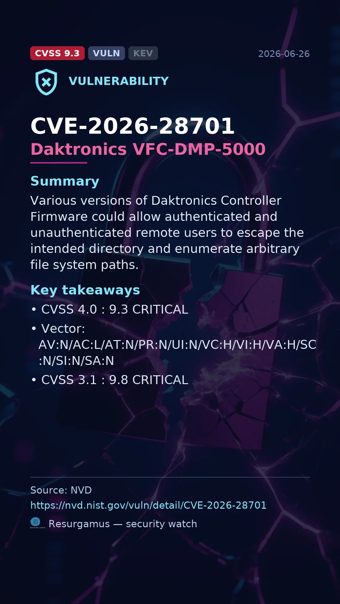 CVE-2026-28701 Daktronics VFC-DMP-5000 Vulnerability