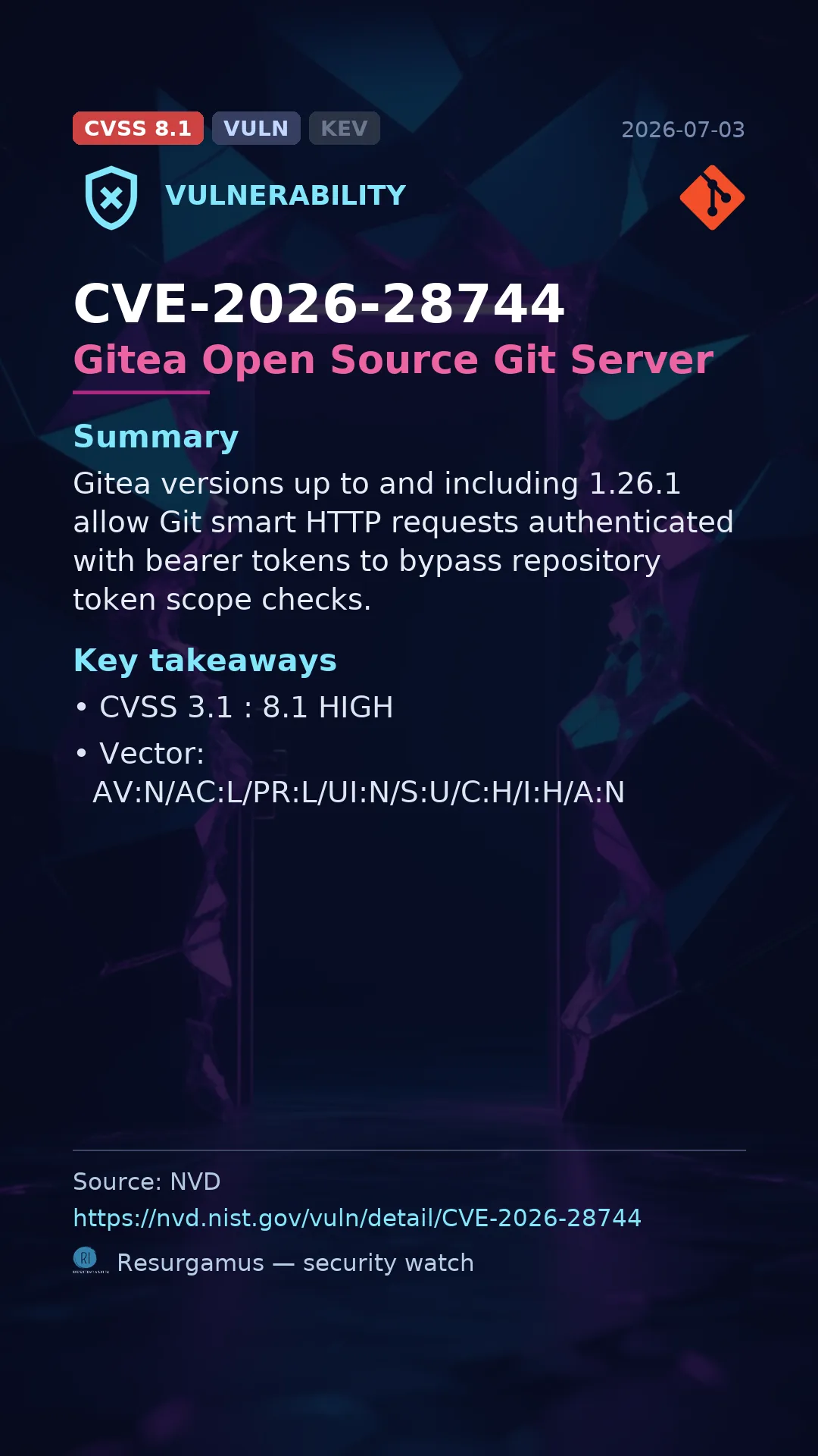 CVE-2026-28744 Gitea Open Source Git Server Vulnerability