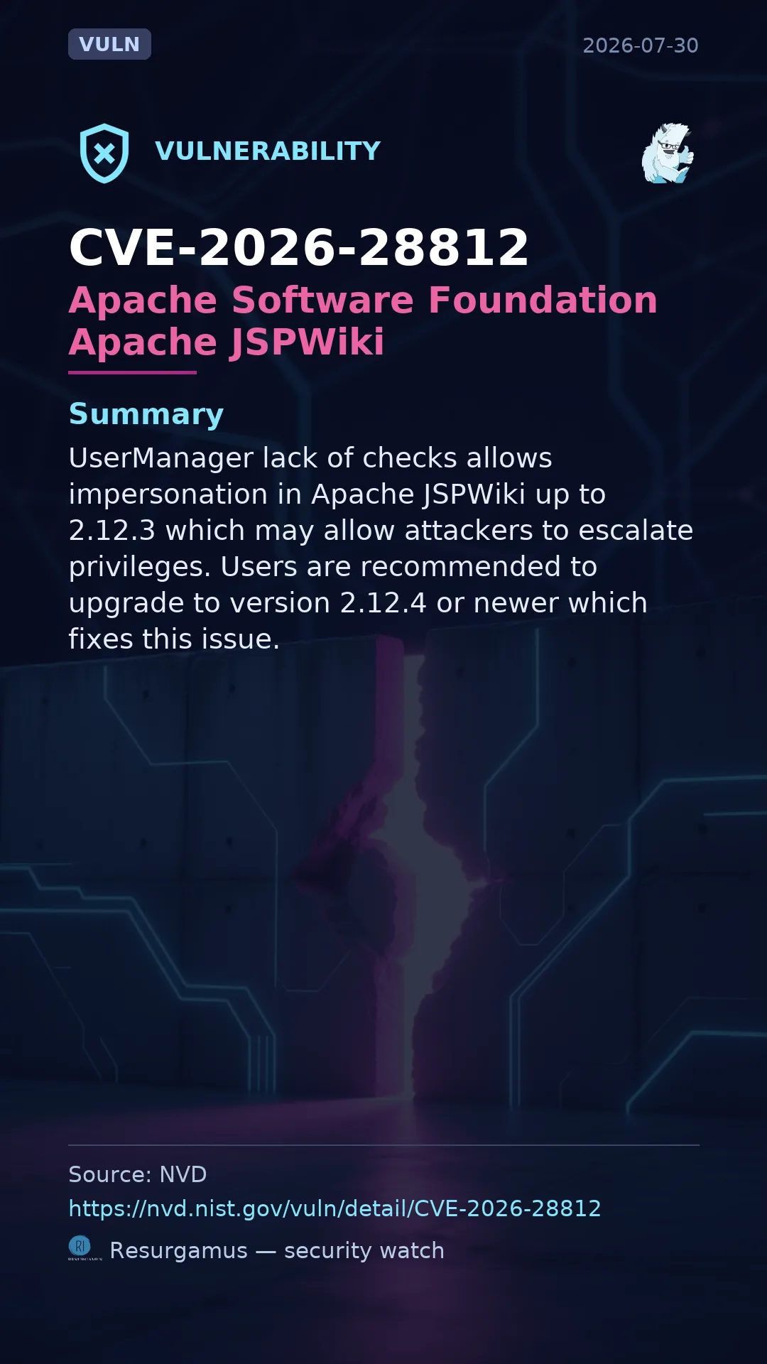 CVE-2026-28812 Apache Software Foundation Apache JSPWiki Vulnerability