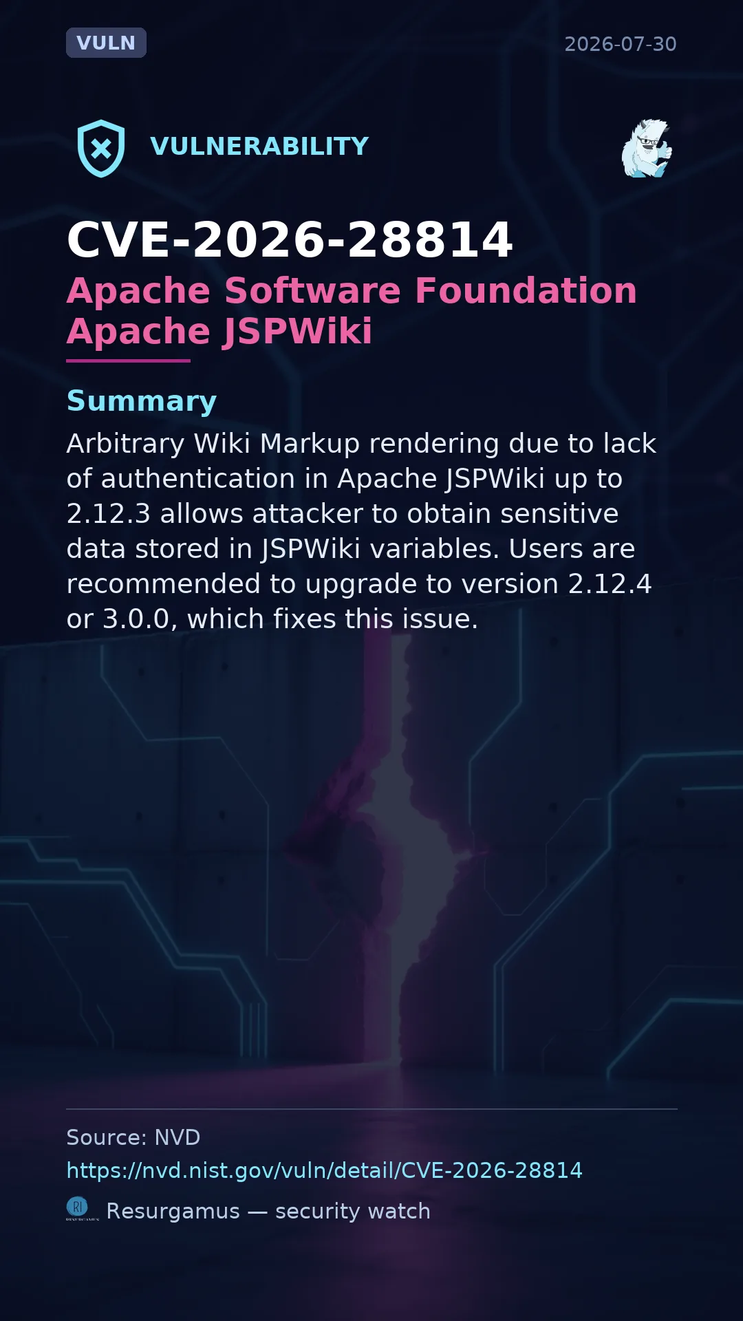 CVE-2026-28814 Apache Software Foundation Apache JSPWiki Vulnerability