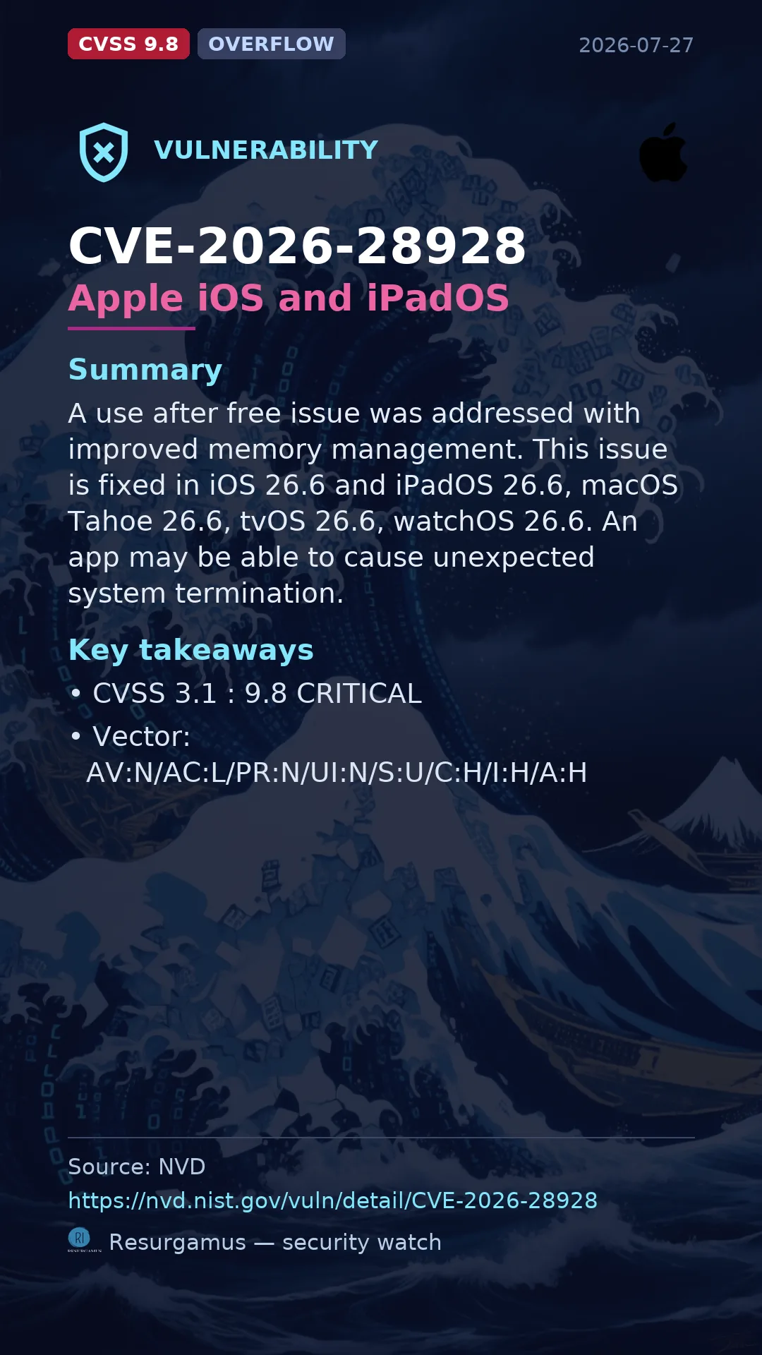 CVE-2026-28928 Apple iOS and iPadOS Vulnerability