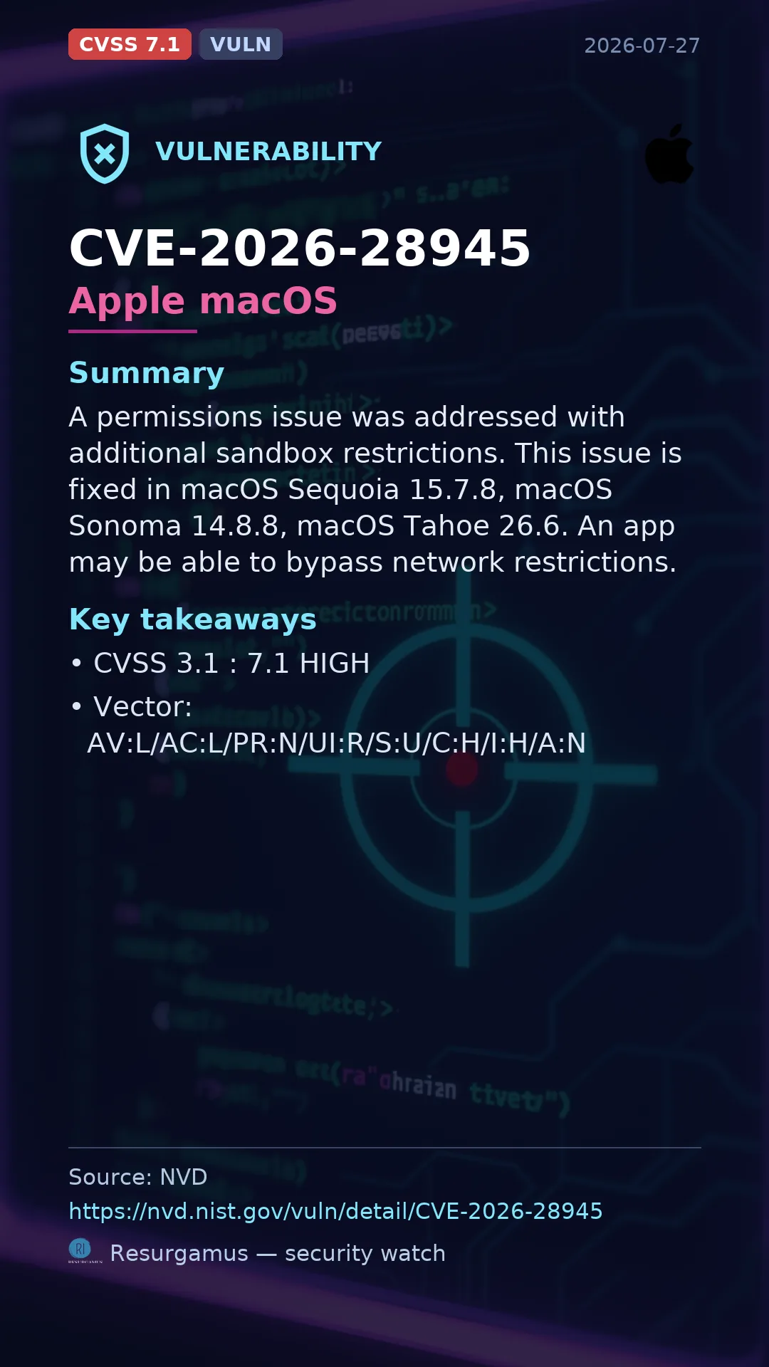 CVE-2026-28945 Apple macOS Vulnerability