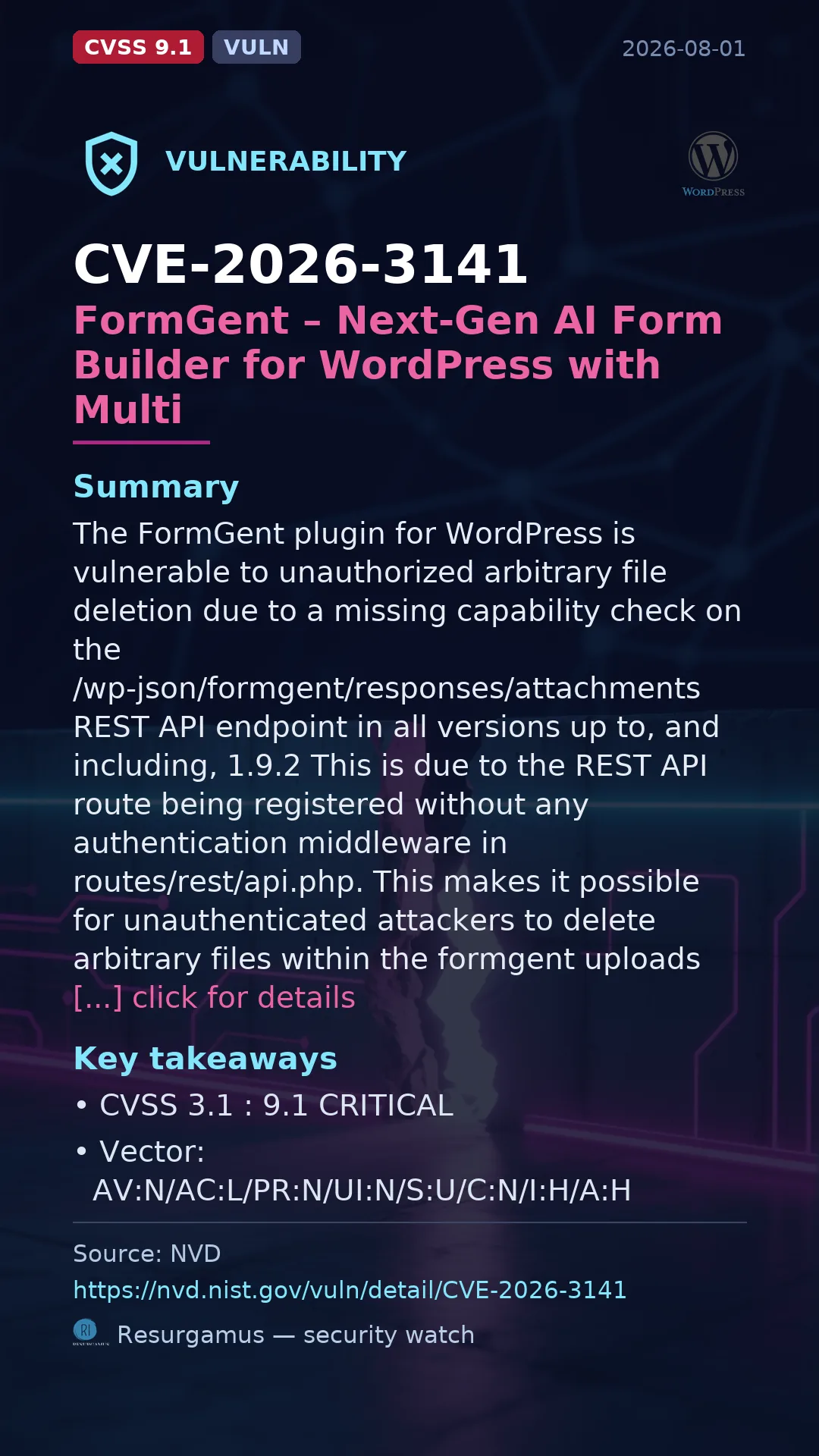 CVE-2026-3141 FormGent – Next-Gen AI Form Builder for WordPress with Multi Vulnerability