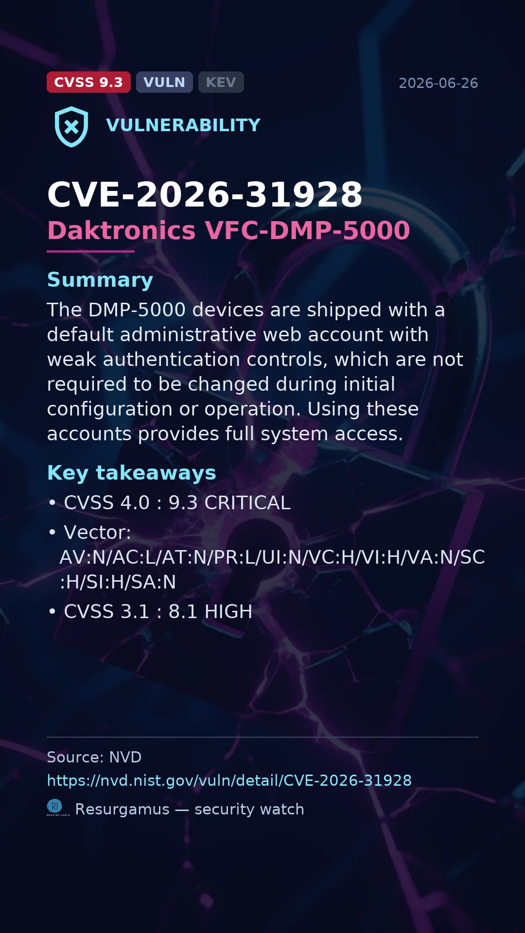 CVE-2026-31928 Daktronics VFC-DMP-5000 Vulnerability