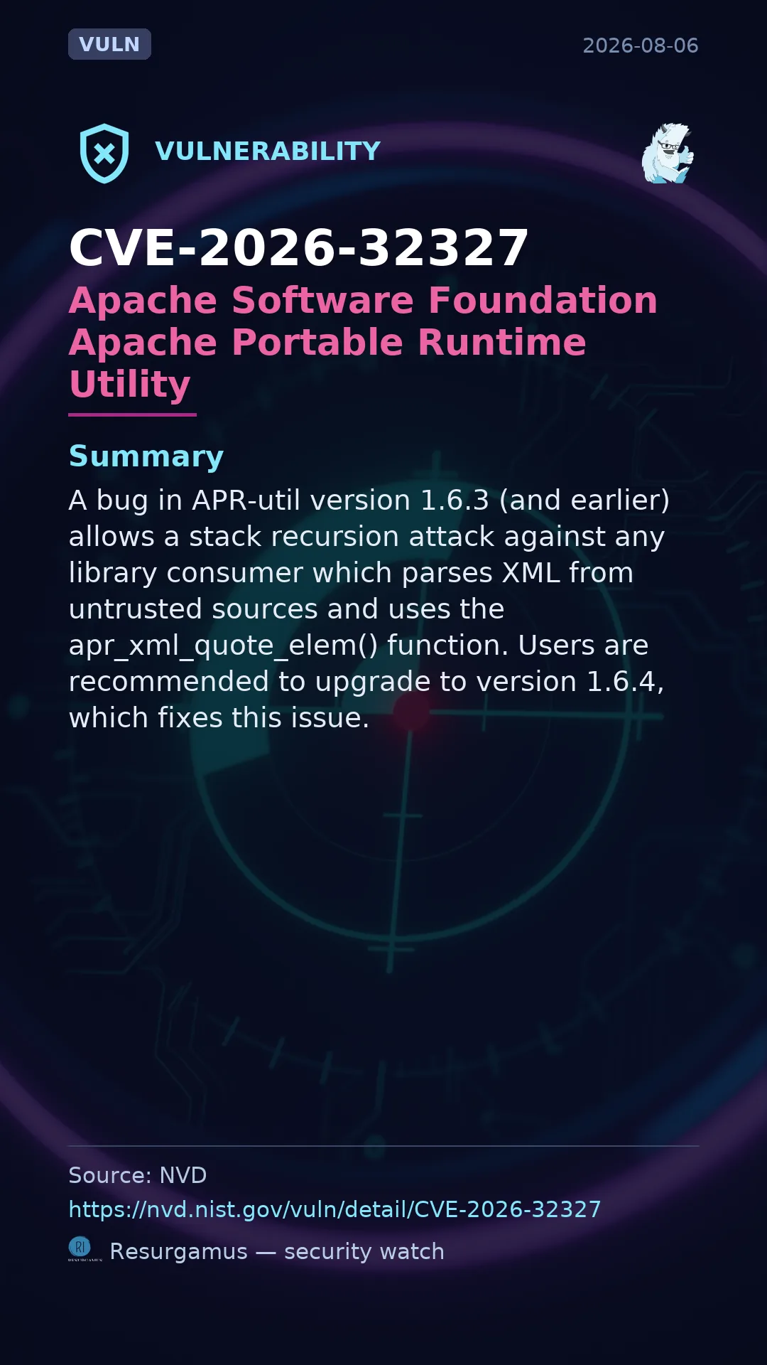 CVE-2026-32327 Apache Software Foundation Apache Portable Runtime Utility Vulnerability