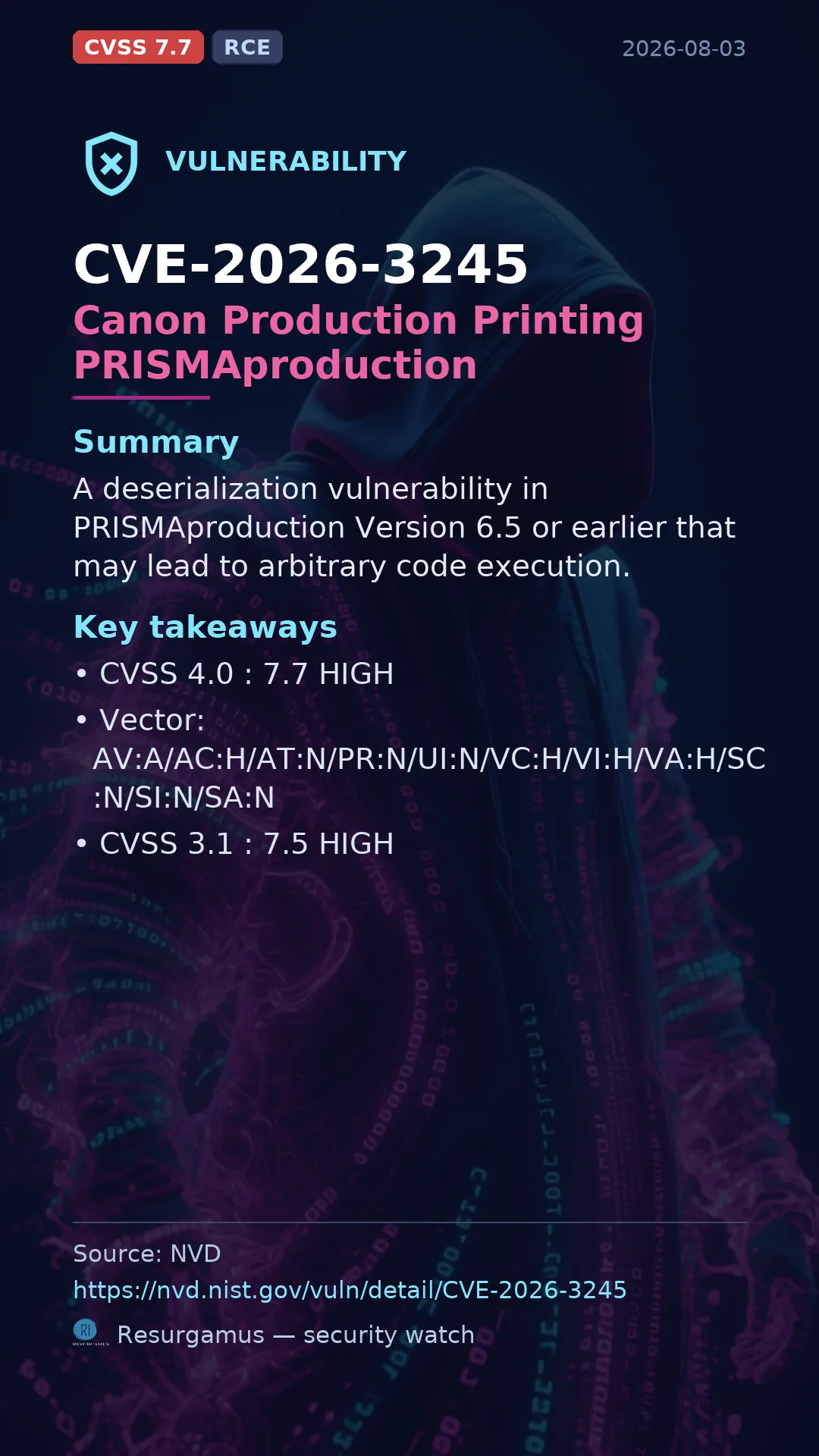 CVE-2026-3245 Canon Production Printing PRISMAproduction Vulnerability