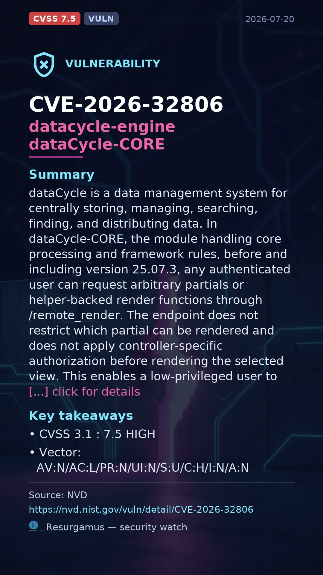 CVE-2026-32806 datacycle-engine dataCycle-CORE Vulnerability