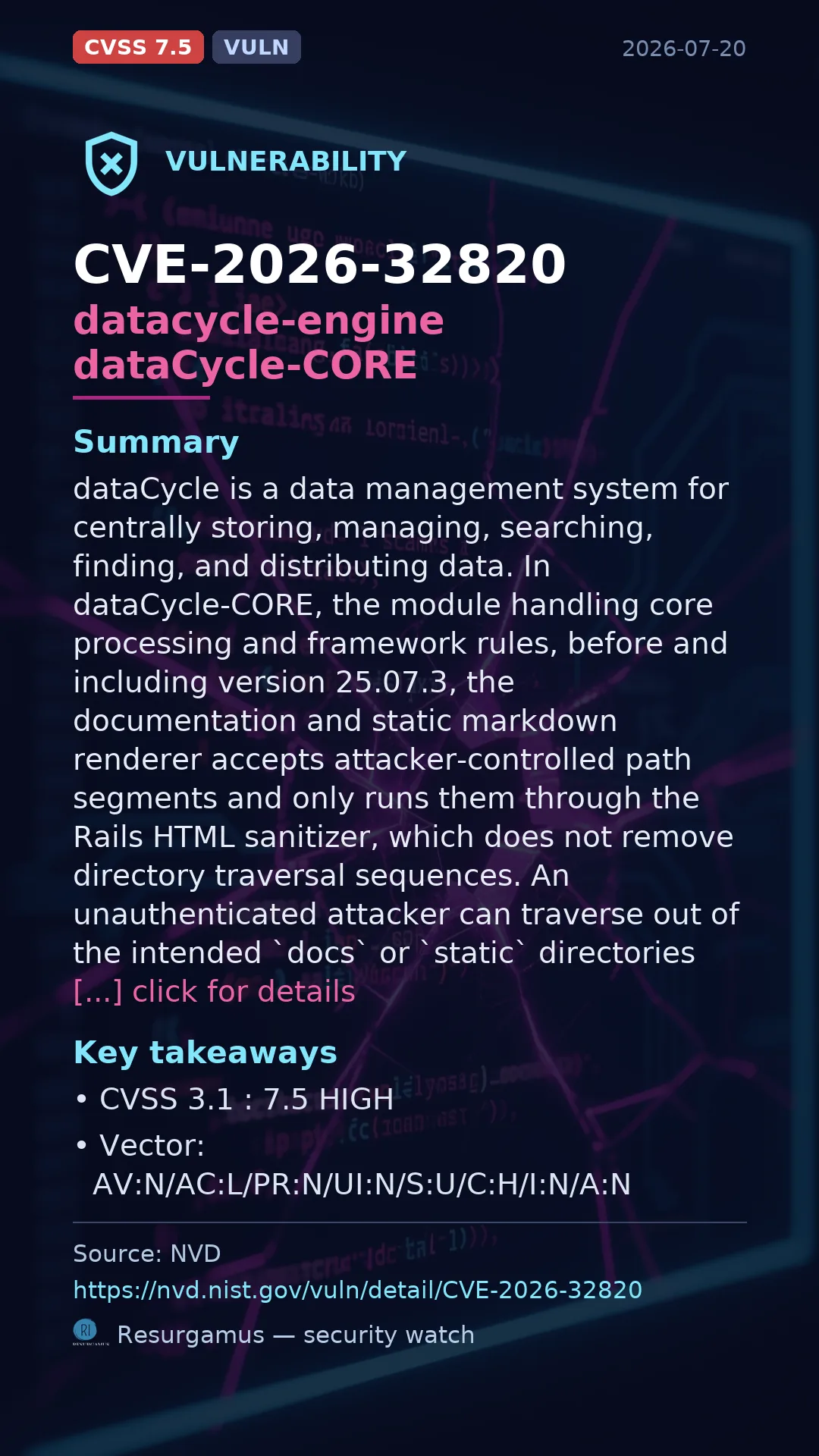 CVE-2026-32820 datacycle-engine dataCycle-CORE Vulnerability