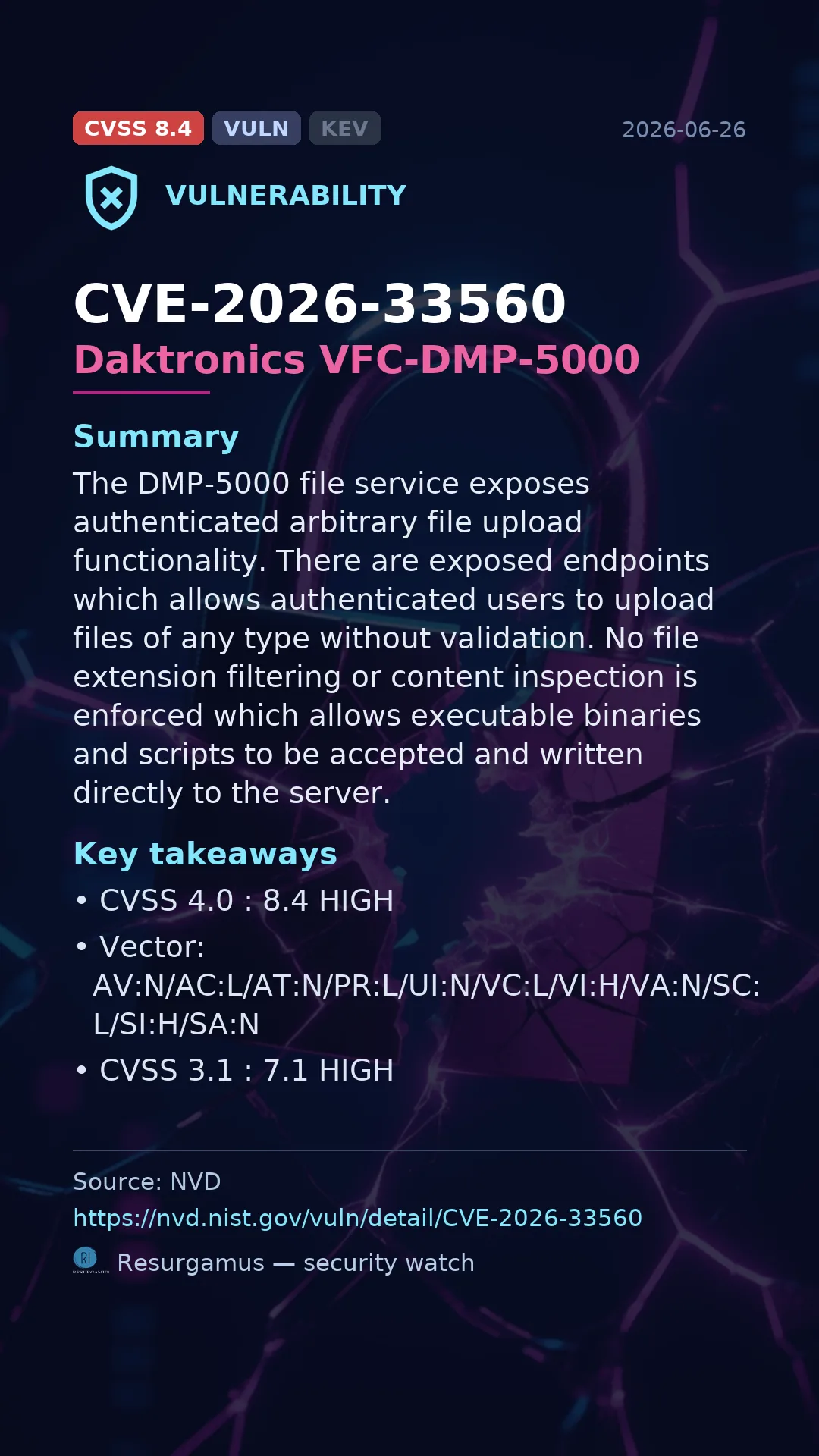 CVE-2026-33560 Daktronics VFC-DMP-5000 Vulnerability