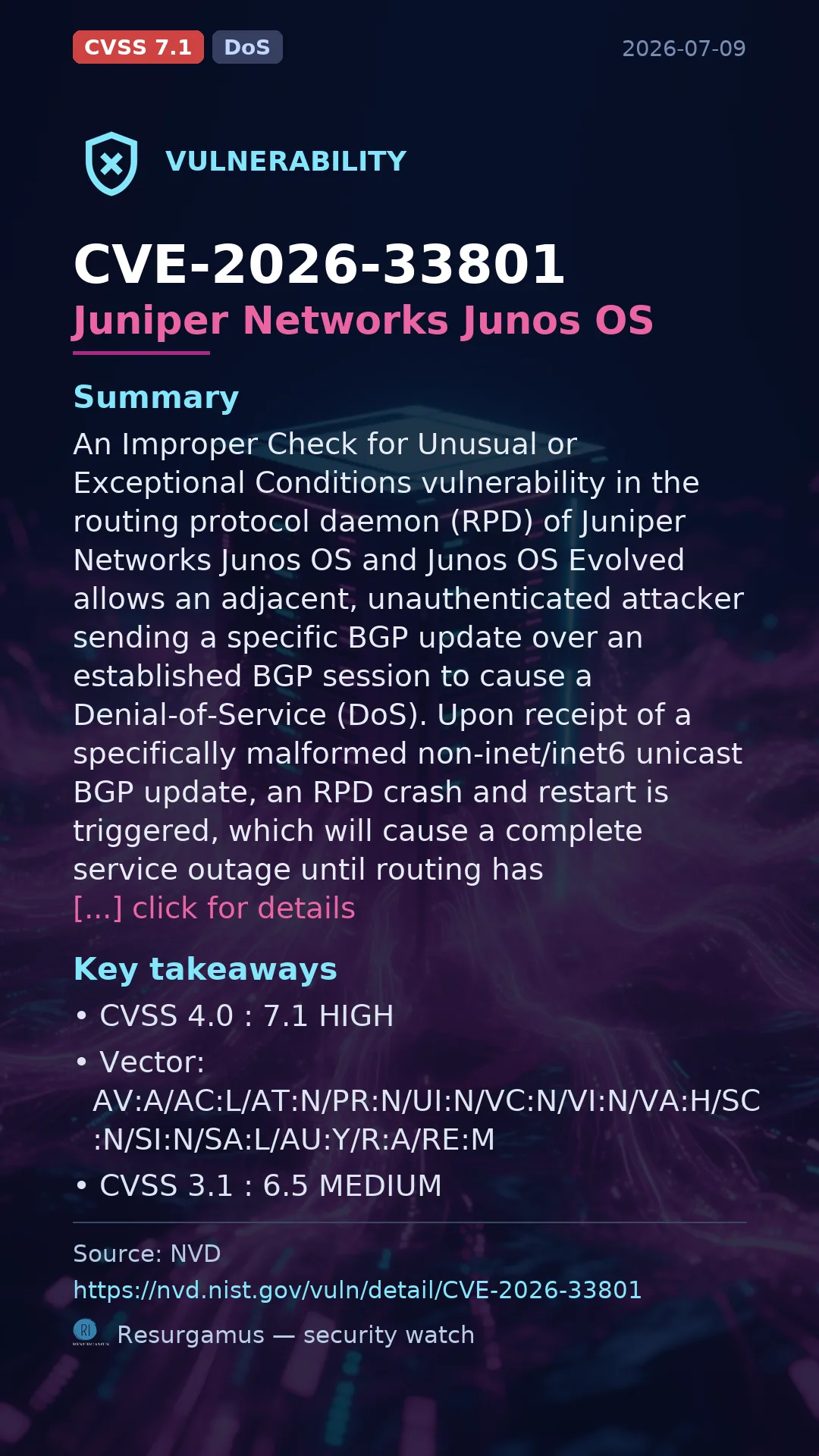 CVE-2026-33801 Juniper Networks Junos OS Vulnerability