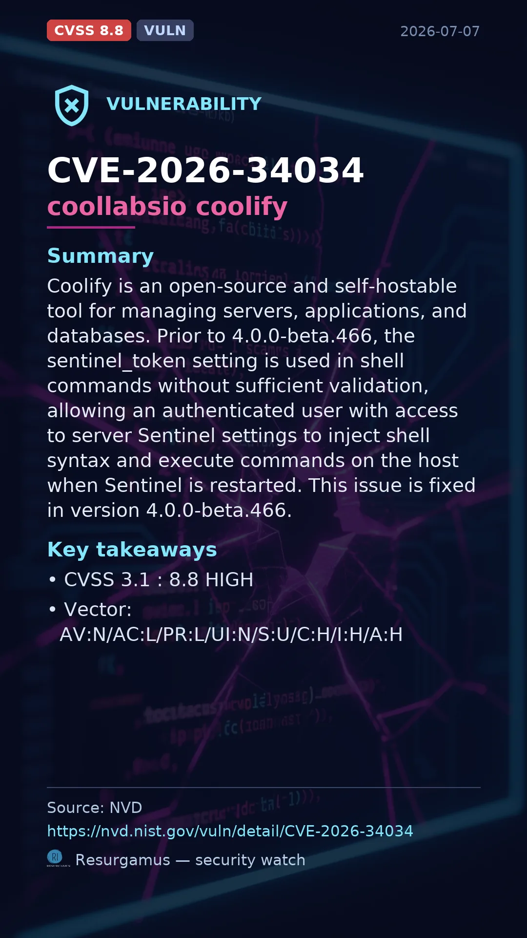 CVE-2026-34034 coollabsio coolify Vulnerability