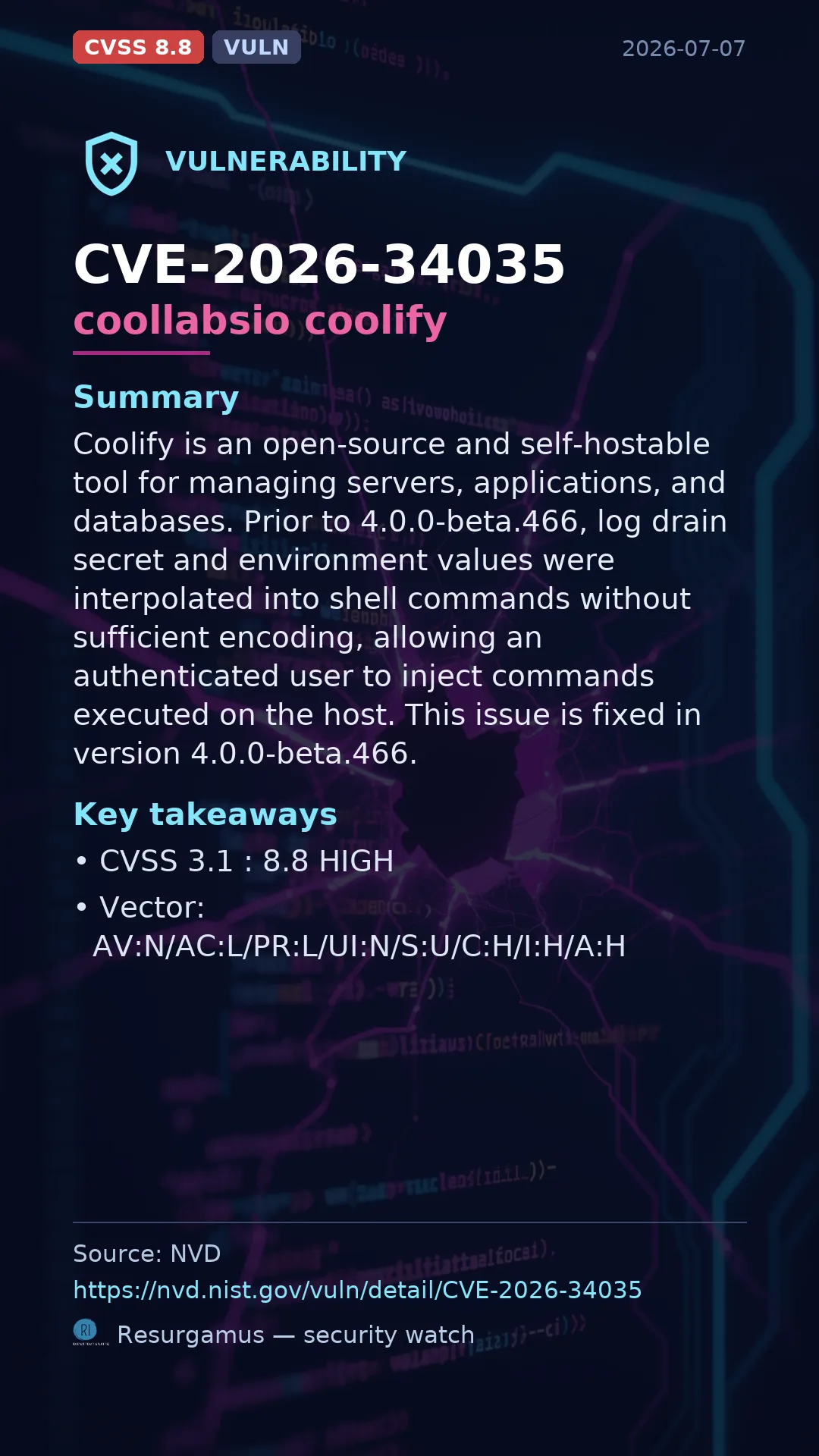 CVE-2026-34035 coollabsio coolify Vulnerability