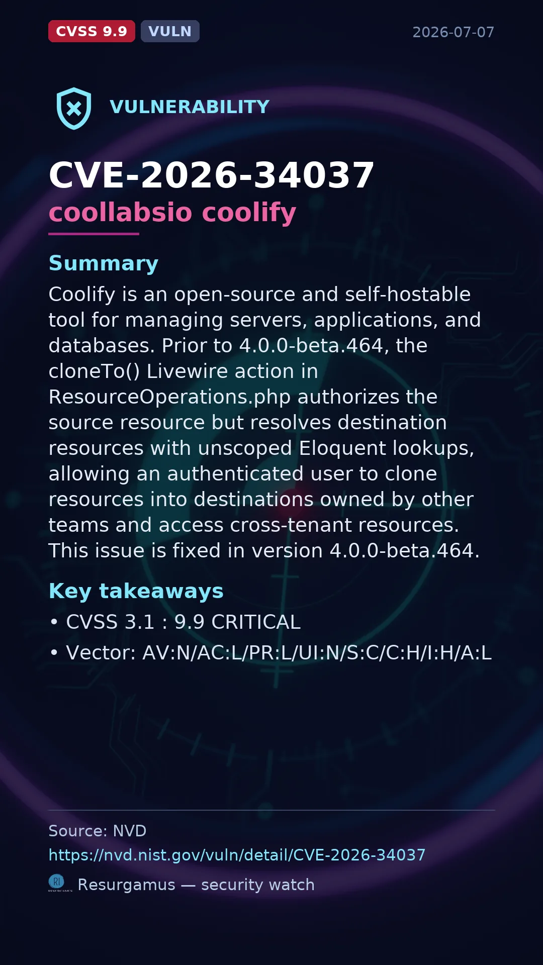 CVE-2026-34037 coollabsio coolify Vulnerability