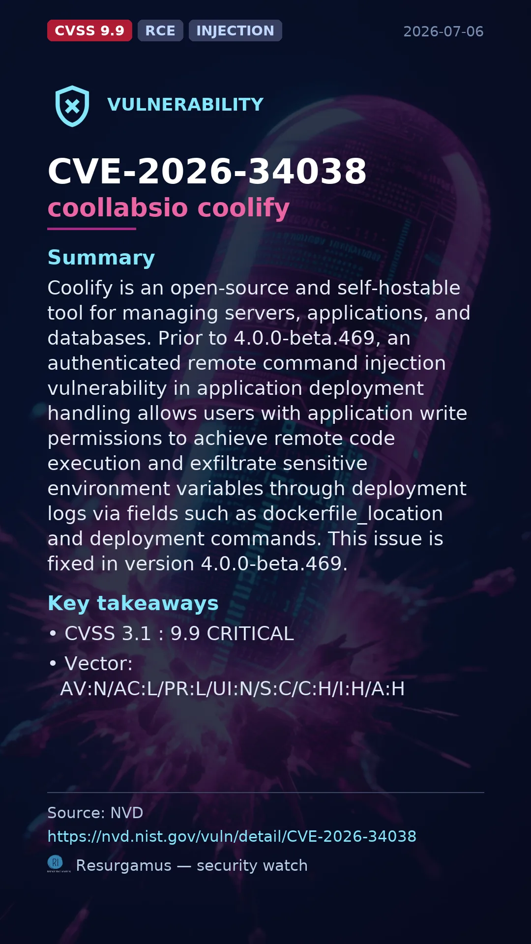 CVE-2026-34038 coollabsio coolify Vulnerability