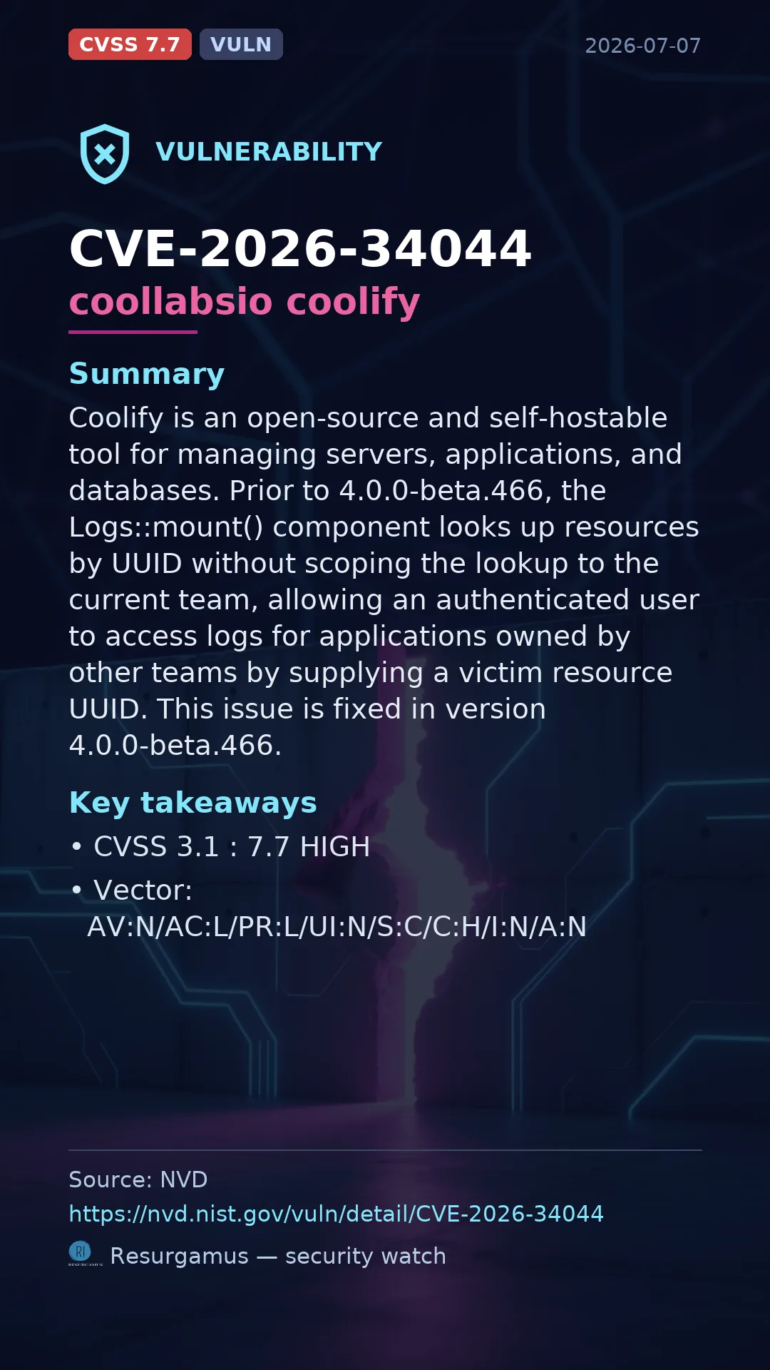 CVE-2026-34044 coollabsio coolify Vulnerability