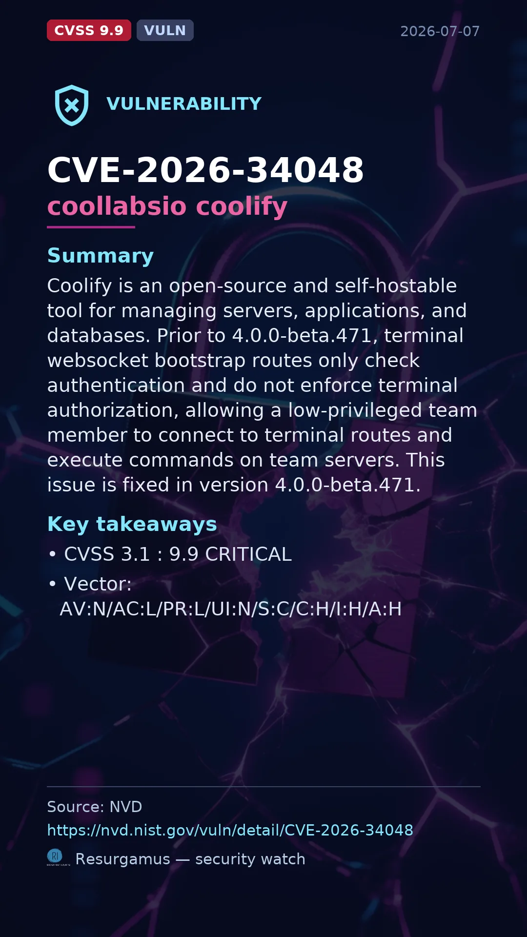 CVE-2026-34048 coollabsio coolify Vulnerability