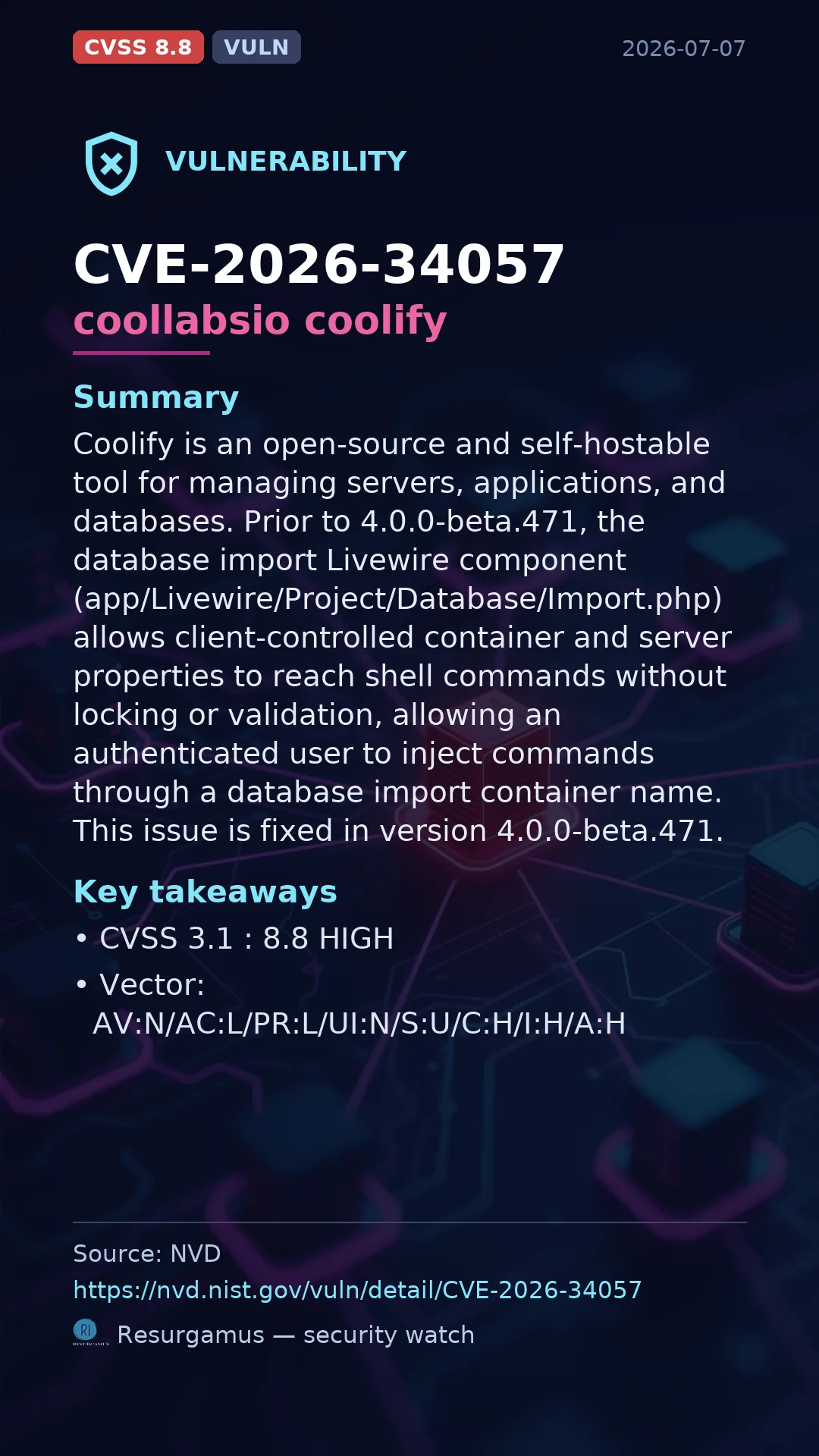 CVE-2026-34057 coollabsio coolify Vulnerability