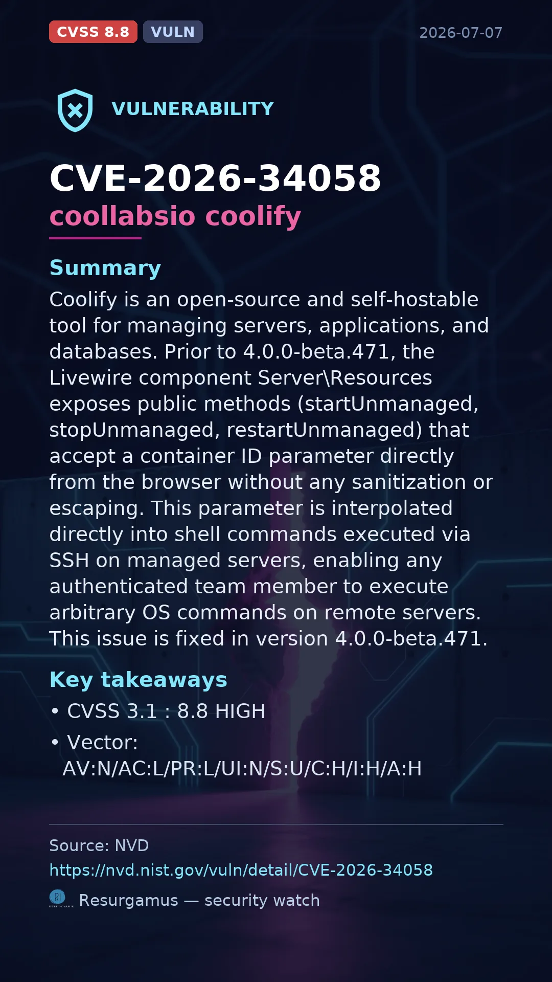 CVE-2026-34058 coollabsio coolify Vulnerability