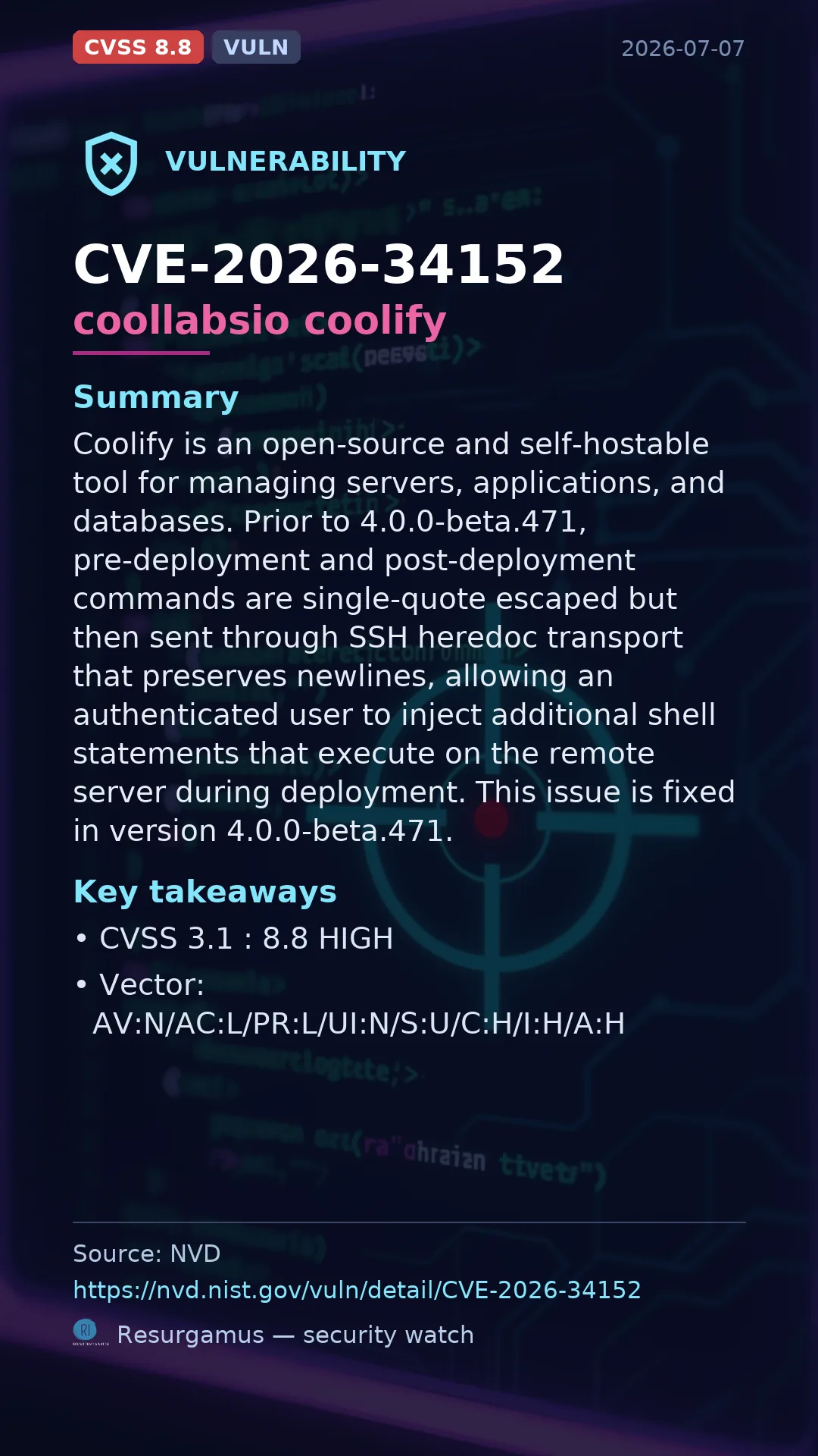 CVE-2026-34152 coollabsio coolify Vulnerability