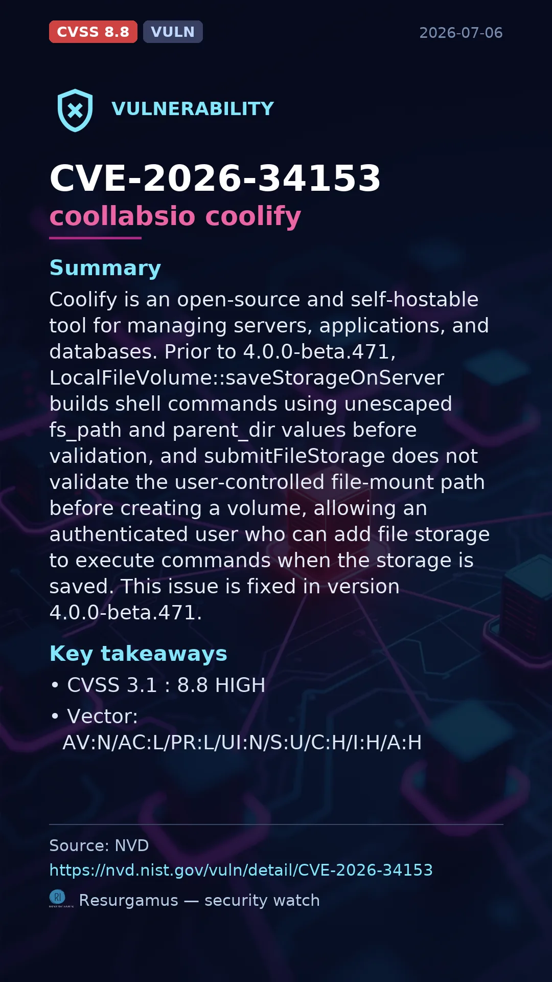 CVE-2026-34153 coollabsio coolify Vulnerability