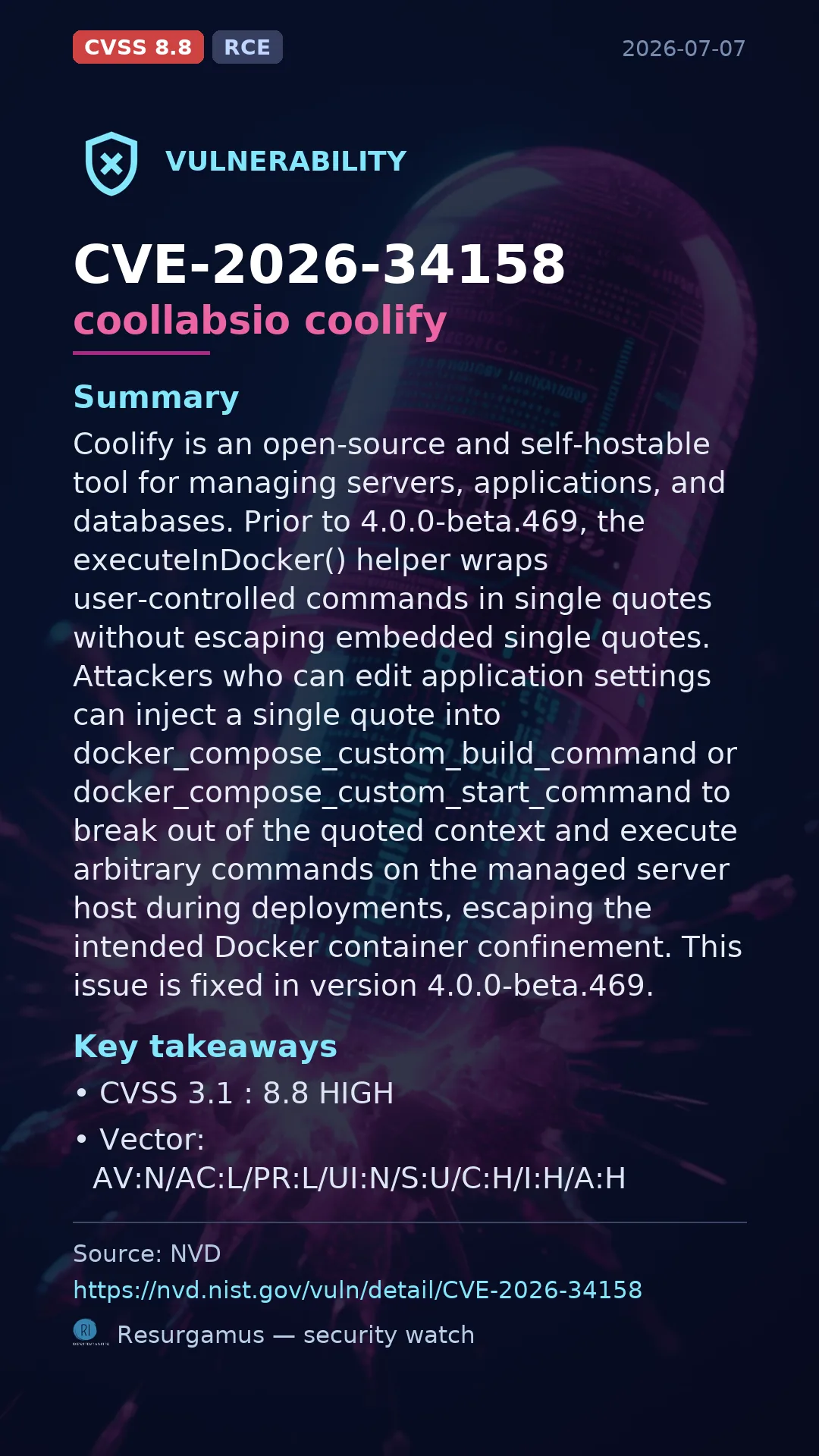 CVE-2026-34158 coollabsio coolify Vulnerability