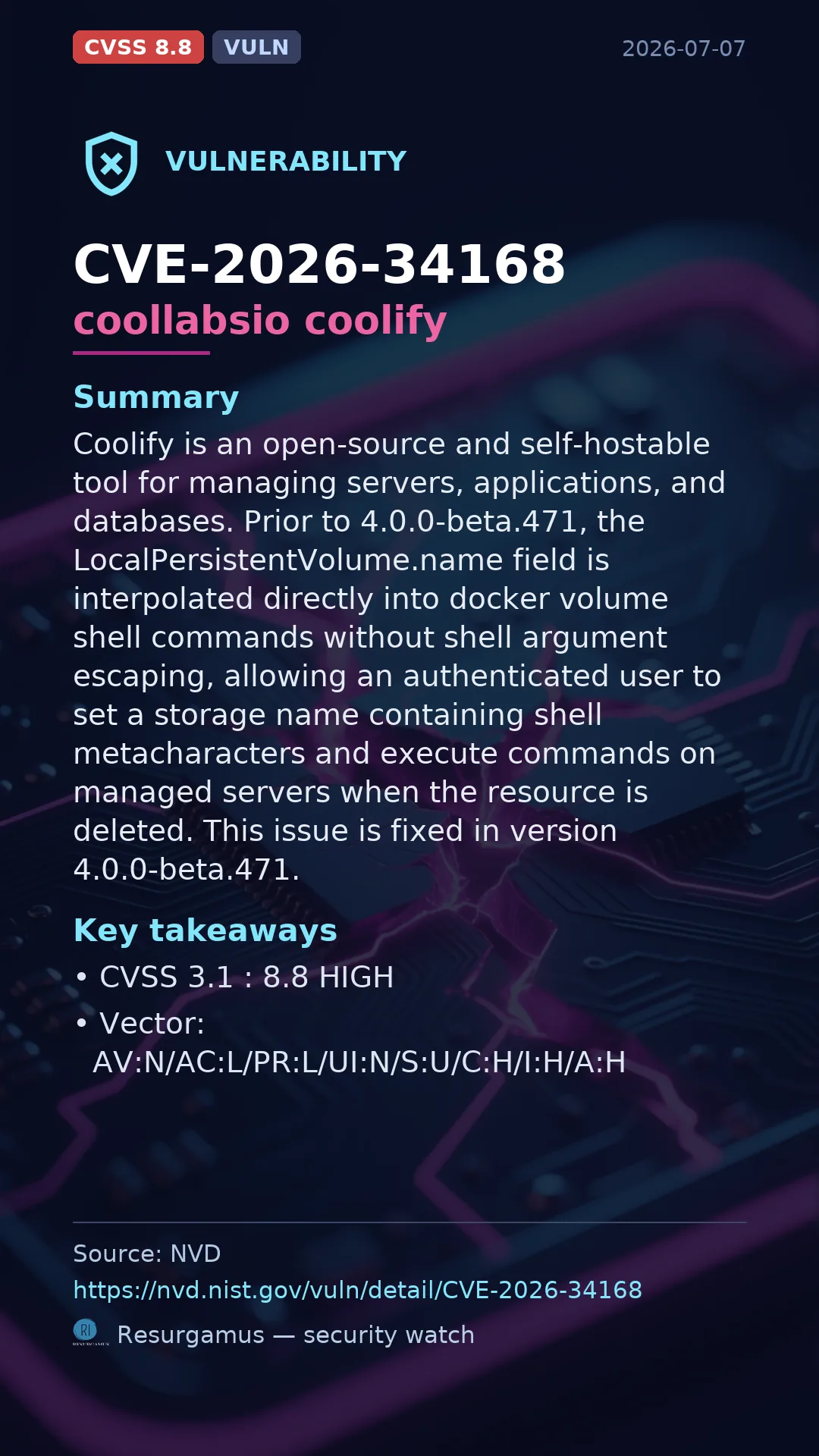 CVE-2026-34168 coollabsio coolify Vulnerability