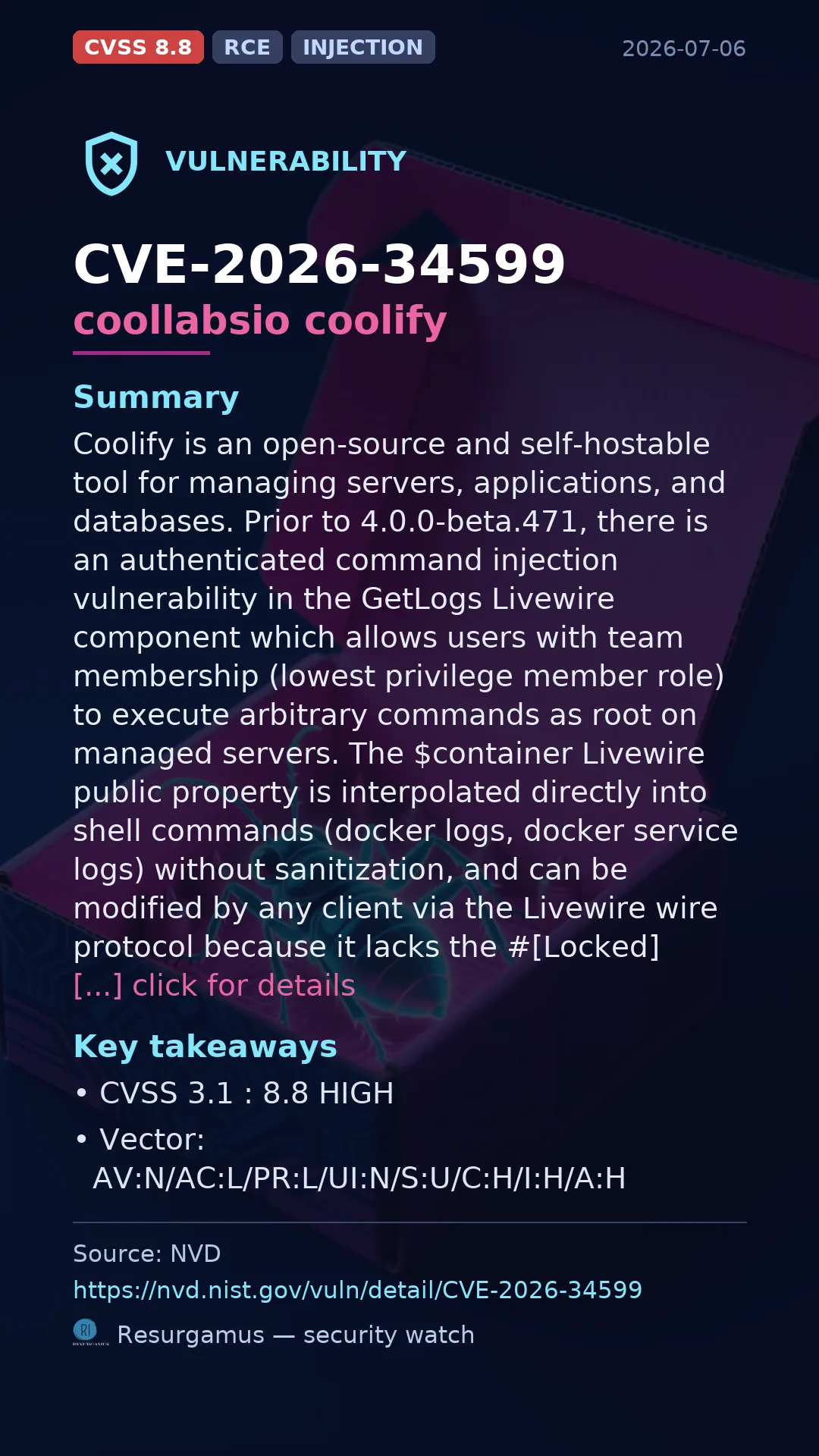 CVE-2026-34599 coollabsio coolify Vulnerability